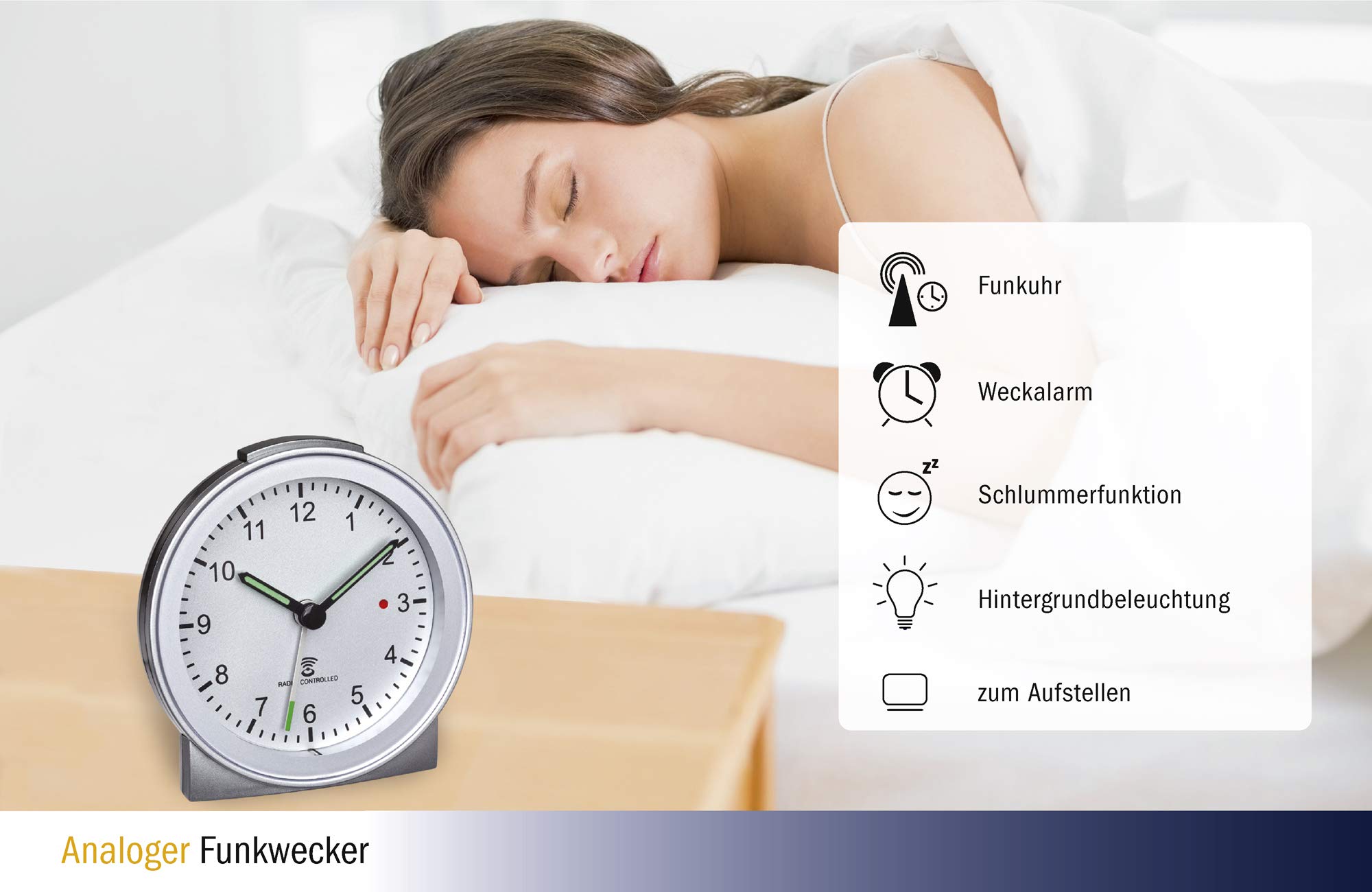 TFA Dostmann zendergstuurde alarm klok, 98.1040.01, analoog display met wijzers, digitale secondenweergave, wekalarm met snooze functie, achtergrondsverlichting, zwart, (L) 96 x (B) 55 x (H) 116 mm