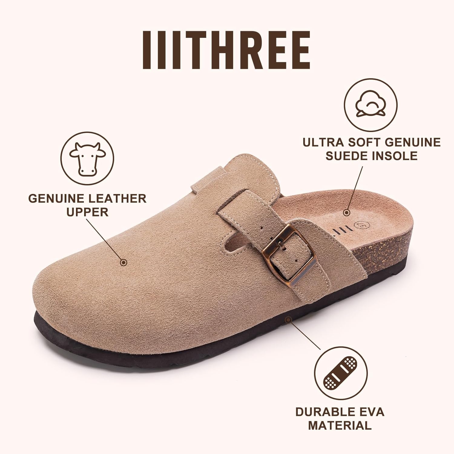 IIITHREE Women's Suede Clogs Cork Footbed Clogs for Women Soft Leather Adjustable Buckle Slip-on Potato Shoes Sandals - Image 4