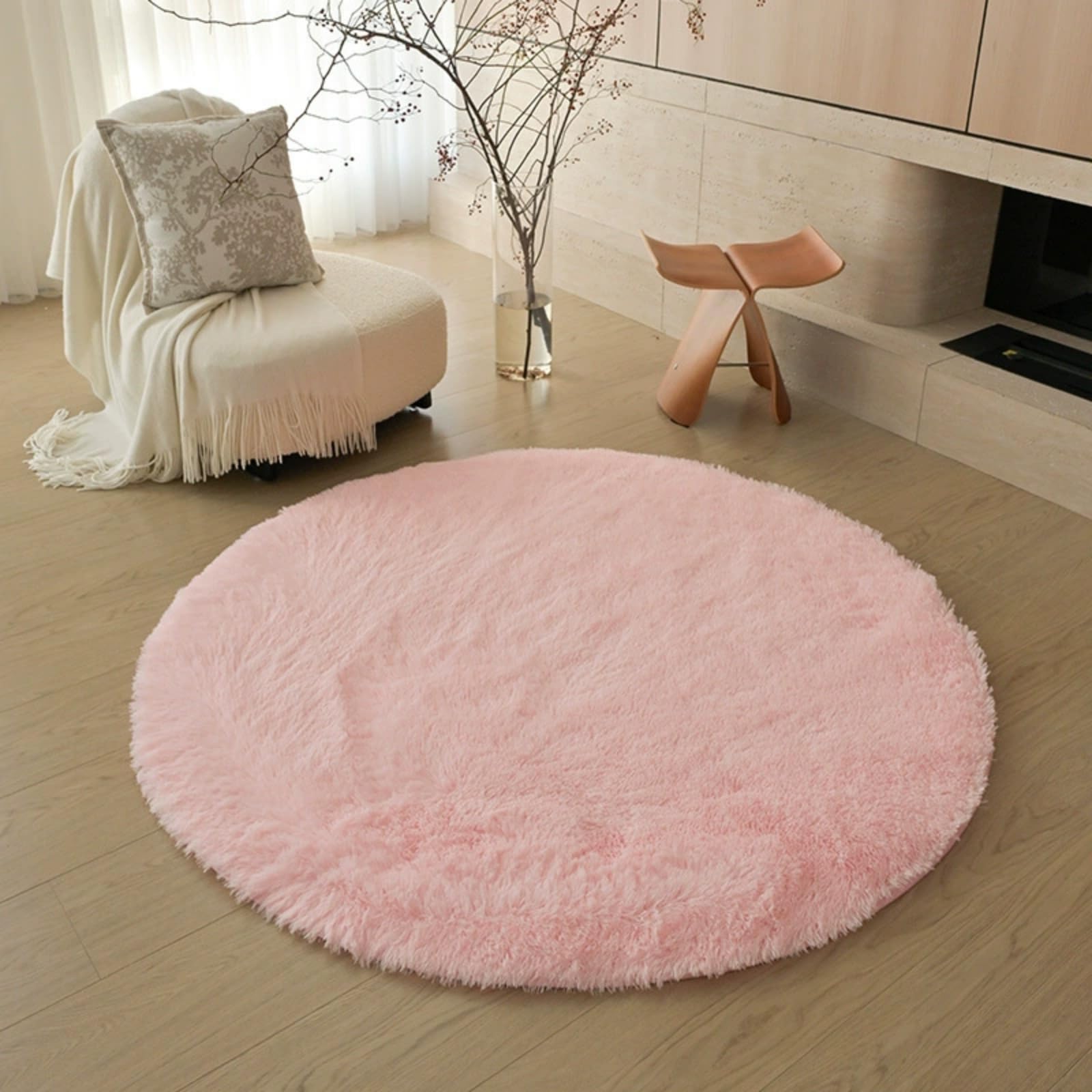 Hearda Fluffy Round Rugs Living Room, Shaggy Rugs for Bedrooms Soft Thick Pile Plush Floor Mat with Non Slip Bottom Modern Kids Carpet Play Mat for Bedside Kids Room (Light Pink D,100cm)