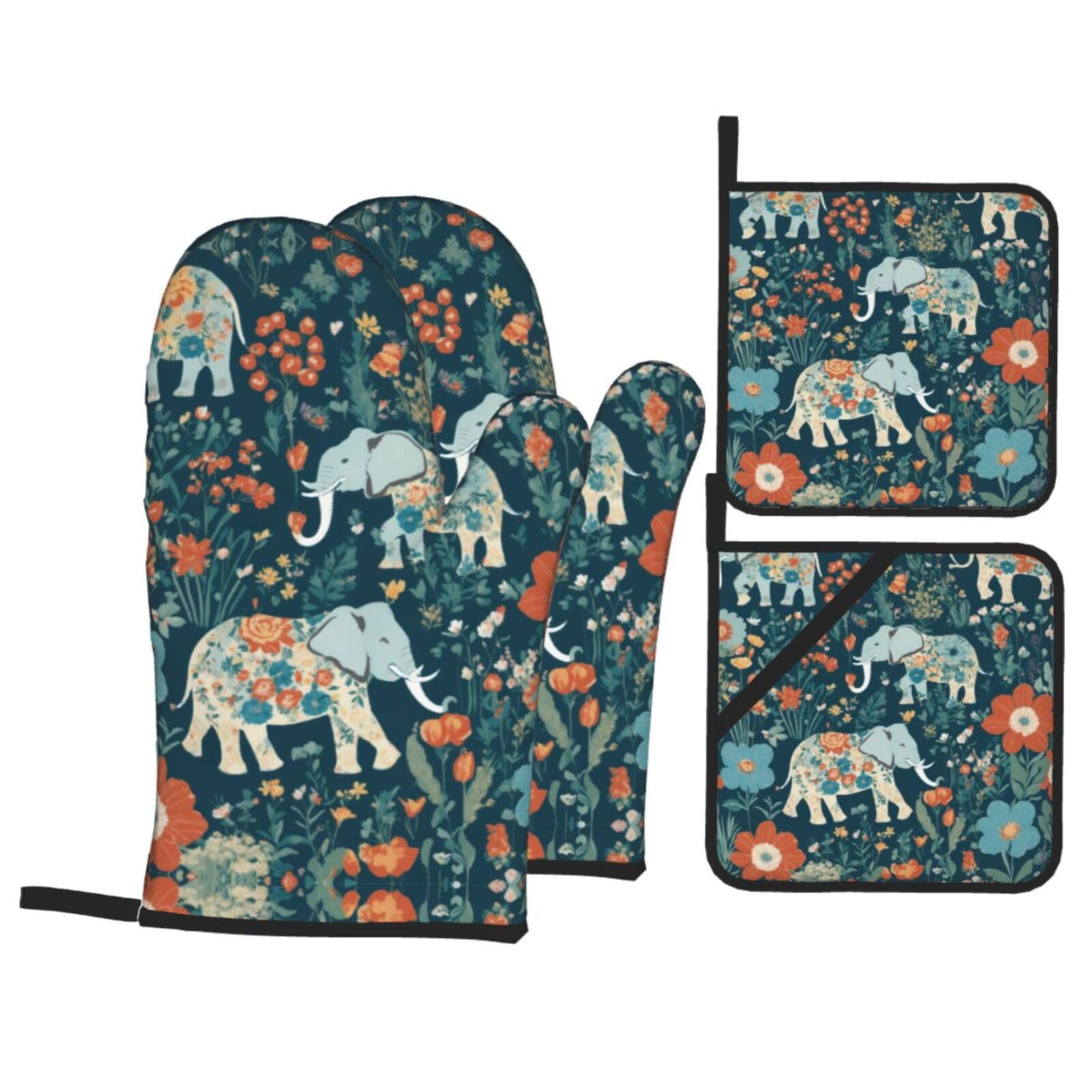 Gorgeous Meadows Pattern with Floral Elephant in Printing 4 Piece Heat Resistant Oven Mitts Set,Kitchen Pot Holders Hot Pads for Grilling Cooking Gift