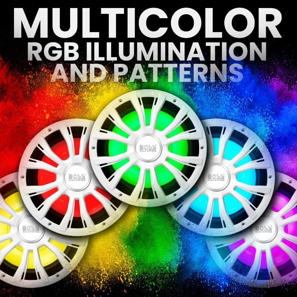 KIT SET PARA BOSS AUDIO SYSTEMS MRGB10W 1 subwoofer de 10" 25 cm 250 mm, 400 vatios rms 800 vatios máx, resistente al agua, doble bobina de 2 ohmios, con LED RGB y mando a distancia incluidos, 1 pieza