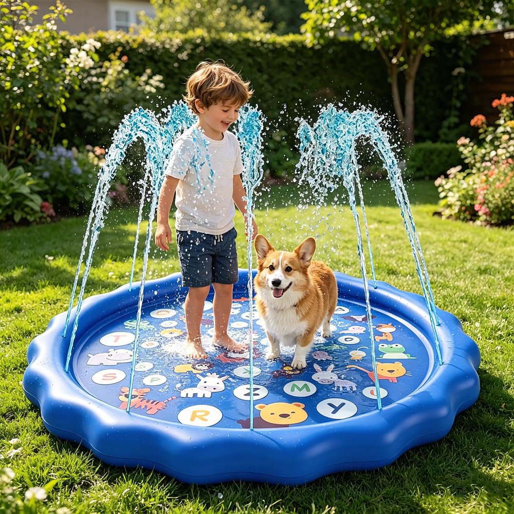 Splash Pad for Kids, 100cm Splash Water Play Mat with Repair Subsidy, Foldable Outdoor Sprinkler Play Mat for Toddlers, Boys, Girls & Pet Dogs, Summer Garden Outdoor Play, Blue