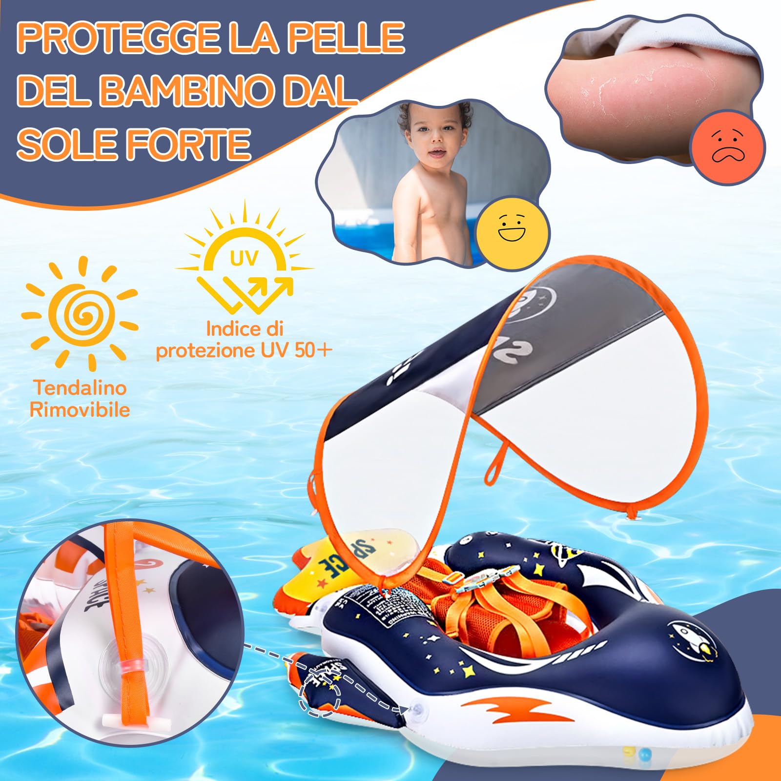 IEEILULU Salvagente Neonato, Salvagente Neonato con Parasole e Seggiolino, Ciambella Mare, Galleggiante per Bambini Ciambella Gonfiabile per Piscina, Spiaggia, Vacanze da 6 a 36 Mesi