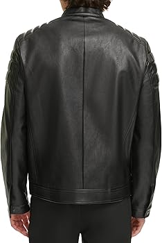 DKNY Men's Mixed Media Faux Leather Puffer Motocros Racer Jacket