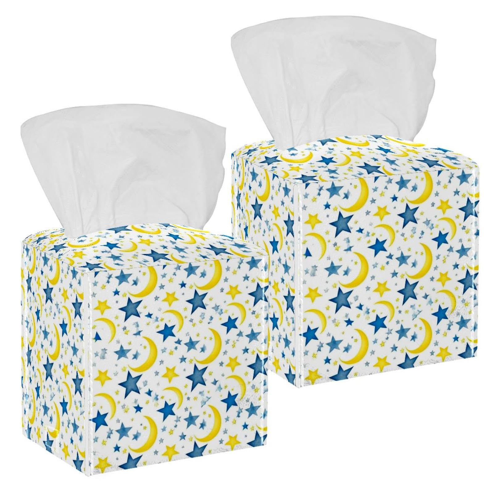 Stars and Moon Tissue Box Cover, 2 Pack PU Leather Square Facial Tissue Dispenser Box holder for Home Office Car