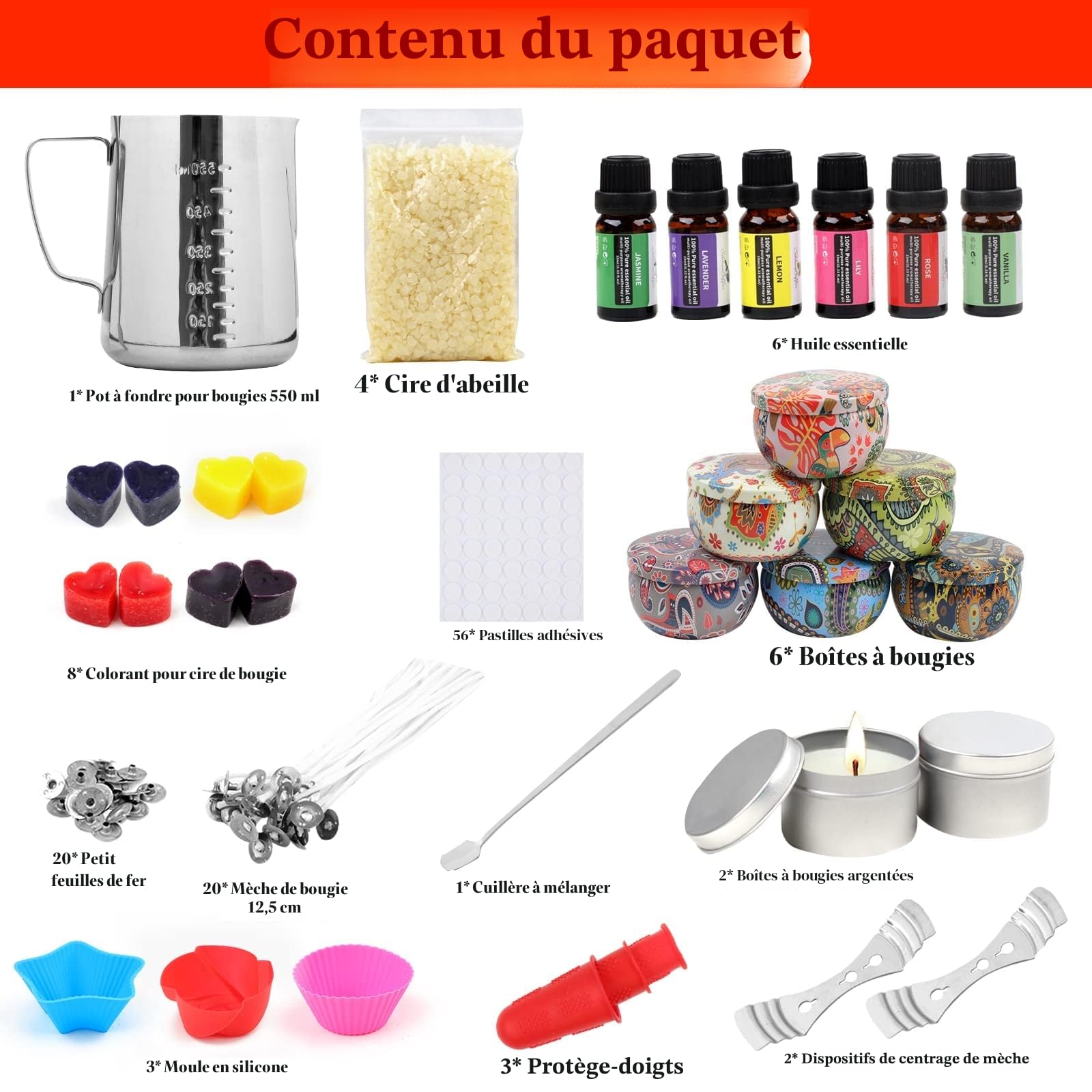 Kit de fabrication de bougies parfumées bricolage | Ensemble de bougies à faire soi-même avec parfum de qualité supérieure avec cire d'abeille, boîtes à bougies, huile parfumée, blocs de teinture