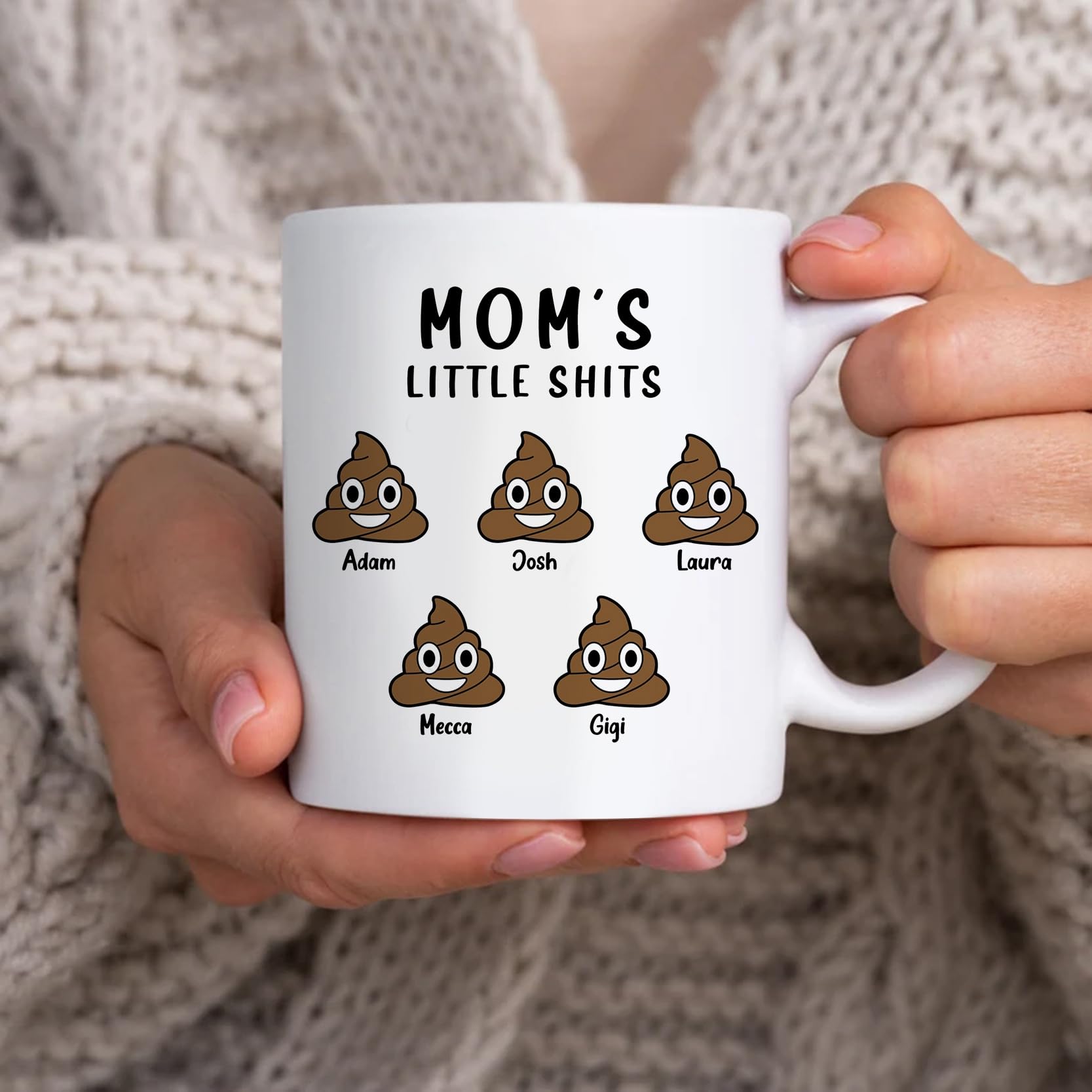 zouwii11oz Mom's Little Shits Emoji Mug, Mother's Day Mug for Mom, Personalized Funny Gift for Mom Mug, Grandma Mug, Customized Funny Mommy's Little Shits Mug with Kids Names