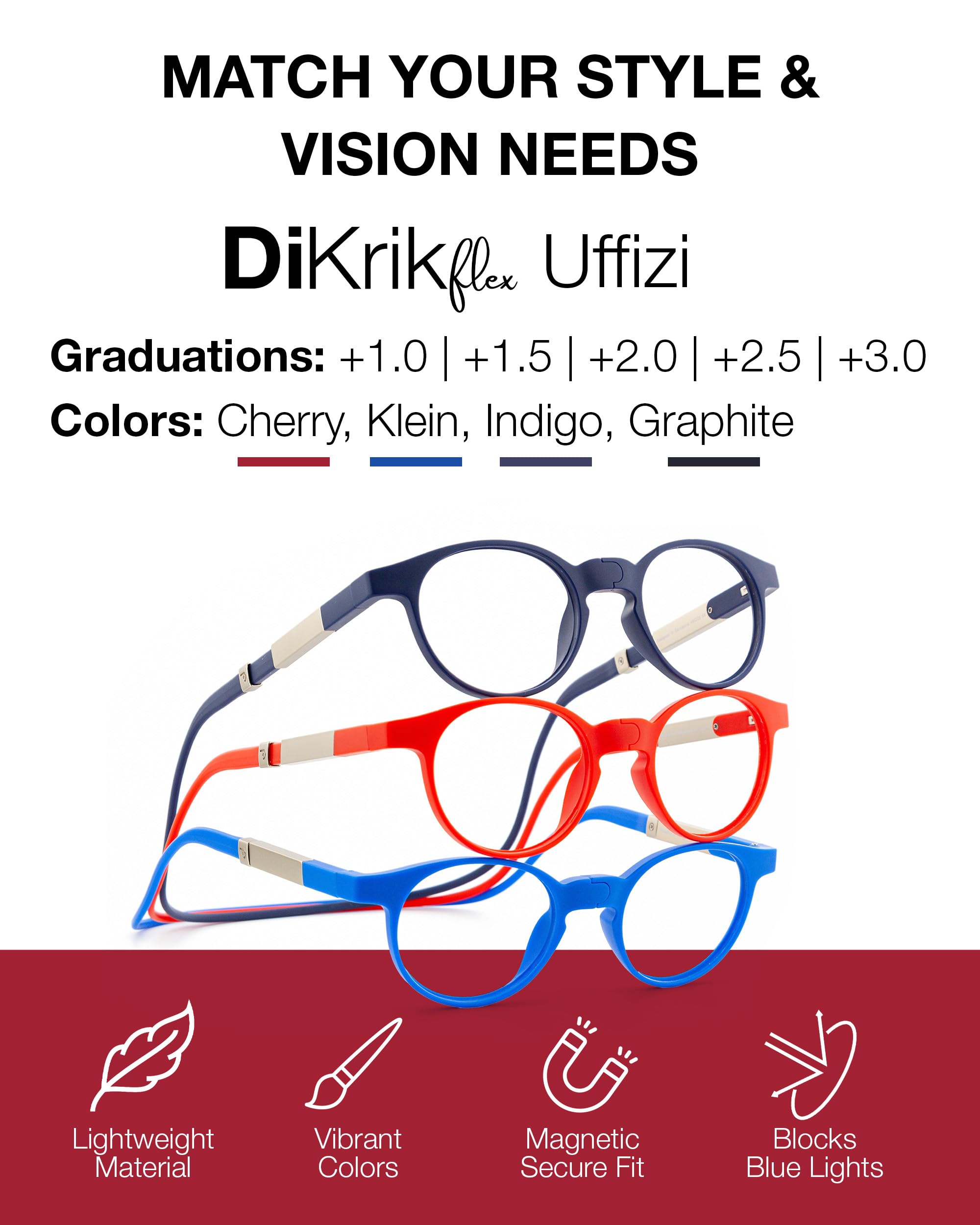 DIDINSKY Krik Occhiali da Lettura Magnetici, Anti Luce Blu | Chiusura magnetica frontale · Per leggere da vicino · Anti luce blu · Ingrandimento +1.0 a +3.0 · Custodia inclusa