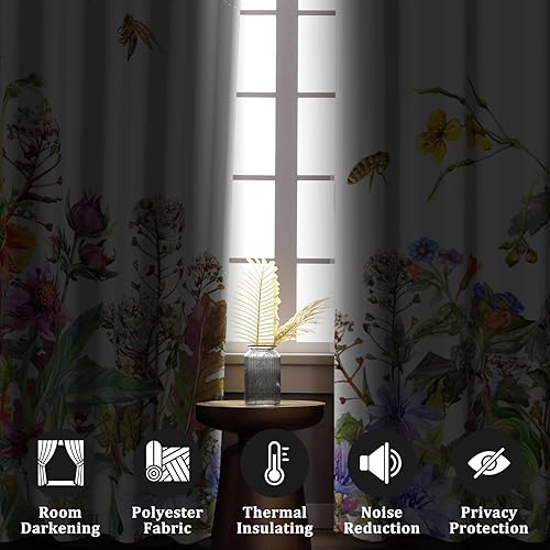 Miniatura 3 de Renaiss Cortinas opacas botánicas, flores, varias plantas silvestres, con aislamiento térmico, cortinas de ventana para dormitorio, con ojales de