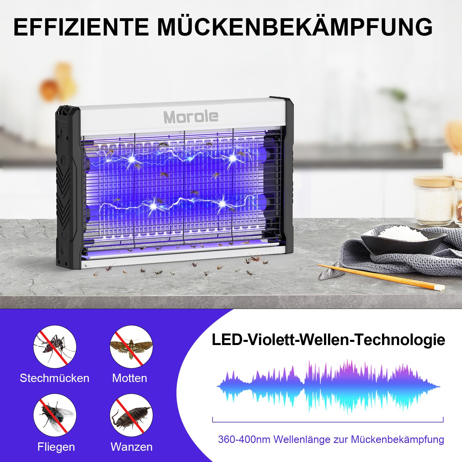3200V Insektenvernichter Elektrisch, 2 UV LED Mückenfalle mit Schalter, Type-C Insektenvernichter mit Kabel, Wandmontierter Ultraviolette Mückenlampe, für den Garten Innen und Außeneinsatz