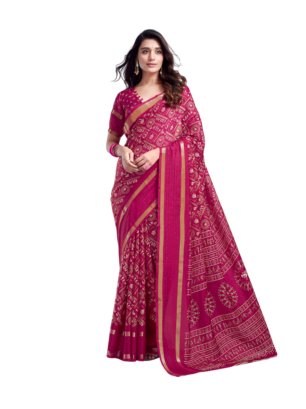Satrani Women's Dola Silk Varli Printed Sequence And Zari Border Saree With Unstitched Blouse Piece (3636S212N_Magenta)