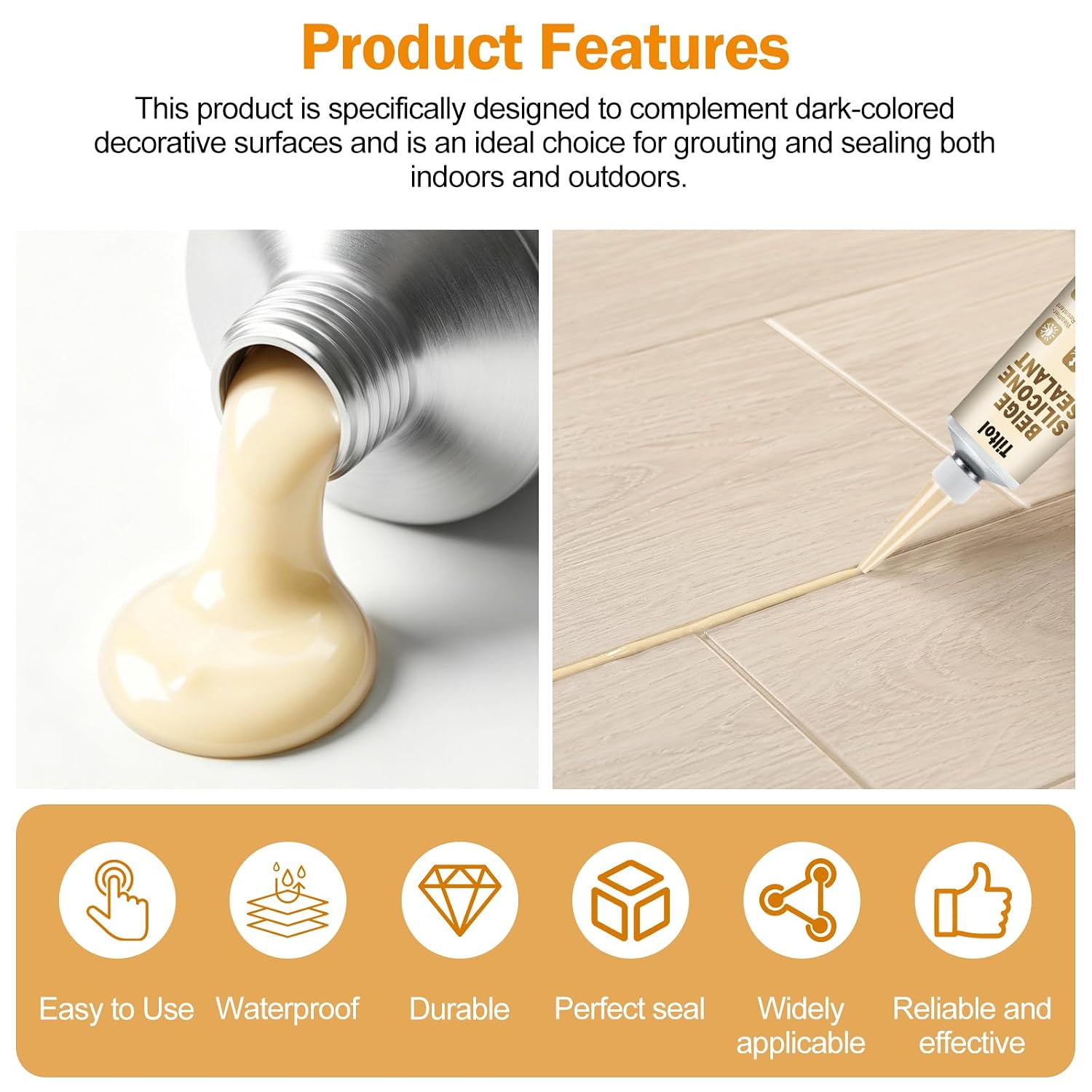 Beige Silicone Caulk Sealant - Sealant for Filling and Repairing Gaps in Sinks, Bathtubs, Shower Stalls, Toilet Bases, and Tile Joints
