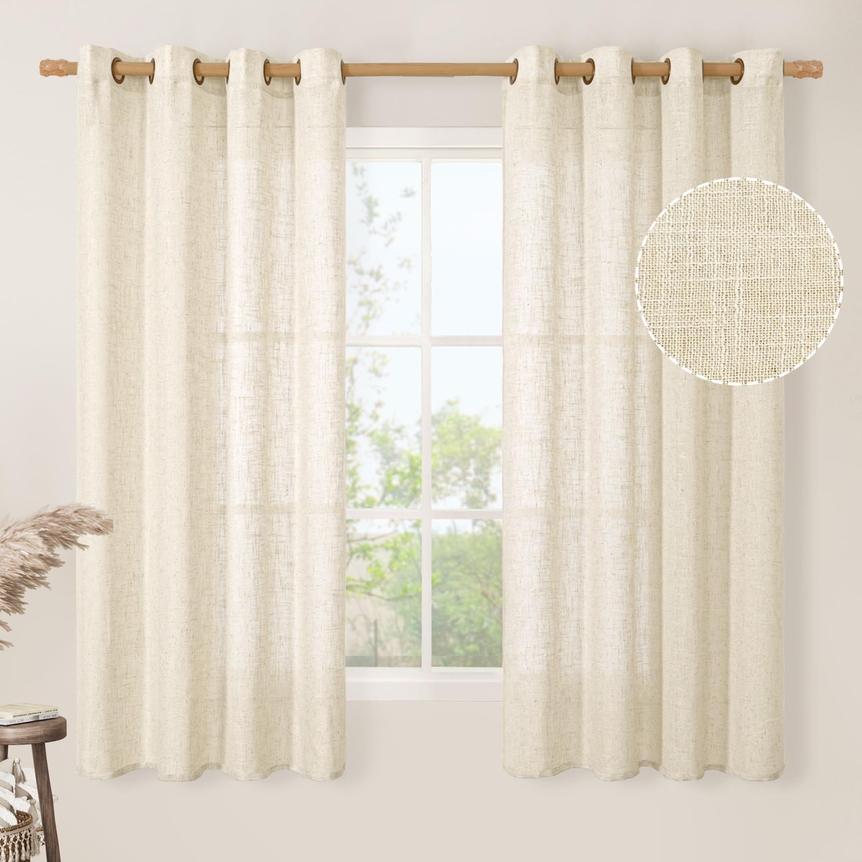 LAMIT Beige Linen Curtains 63 inch Length 2 Panels for Living Room, Bronze Grommet Soft Semi Sheer Light Filtering Window Treatments Neutral Drapes for Bedroom, 52 x 63 Inch, Beige