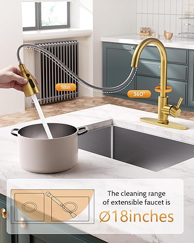 Miniatura 2 de WOWOW - Grifo de cocina de oro cepillado con dispensador de jabón, grifo de cocina de acero inoxidable para fregadero, grifo de cocina de una sola