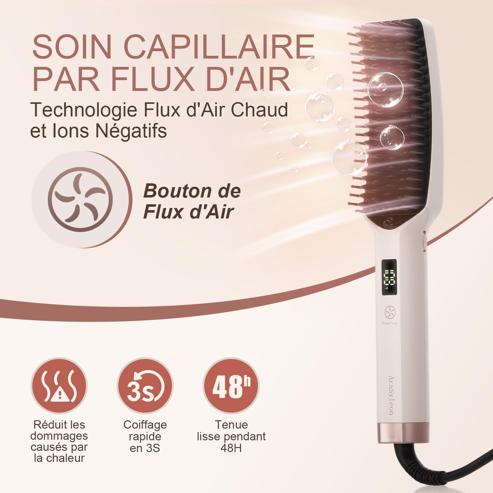 Brosse Lissante Ionique, 16 Niveaux 80–230°C, Double Tension