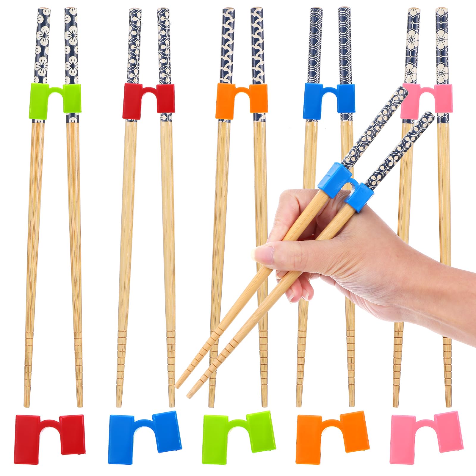 Molain 5 Pairs Reusable Training Chopsticks, Japanese Wooden Chopstick Trainer Helpers Set Training Chopsticks for Kids Adults Beginner Dishwasher Safe Easy to Hold Non-Slip 8.86 Inch
