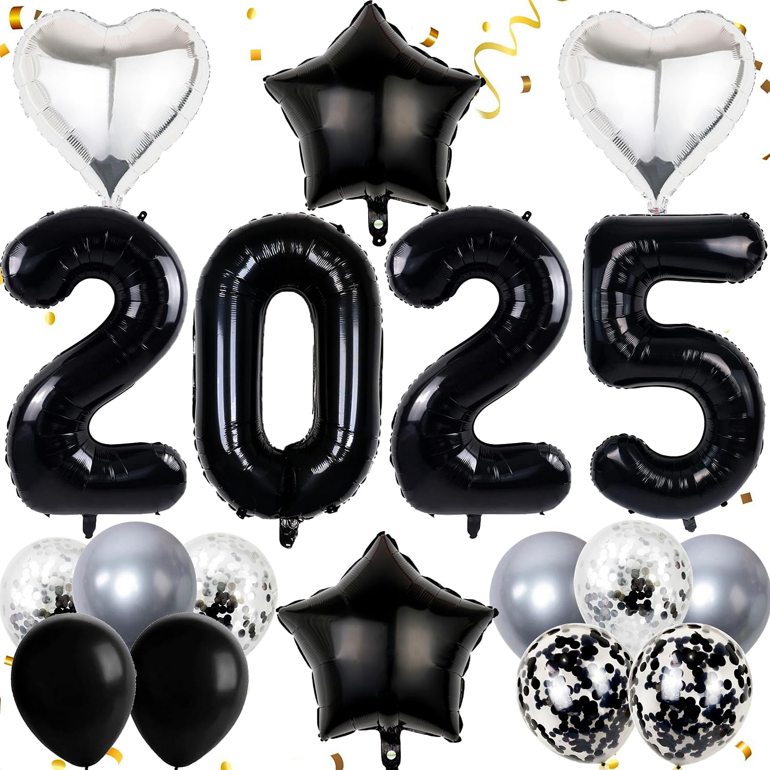 Silvester Deko 2025 – Ballonset In Schwarz Mit Zahlenballon 2025, Sternen & Konfetti Für Die Perfekte Silvesterparty