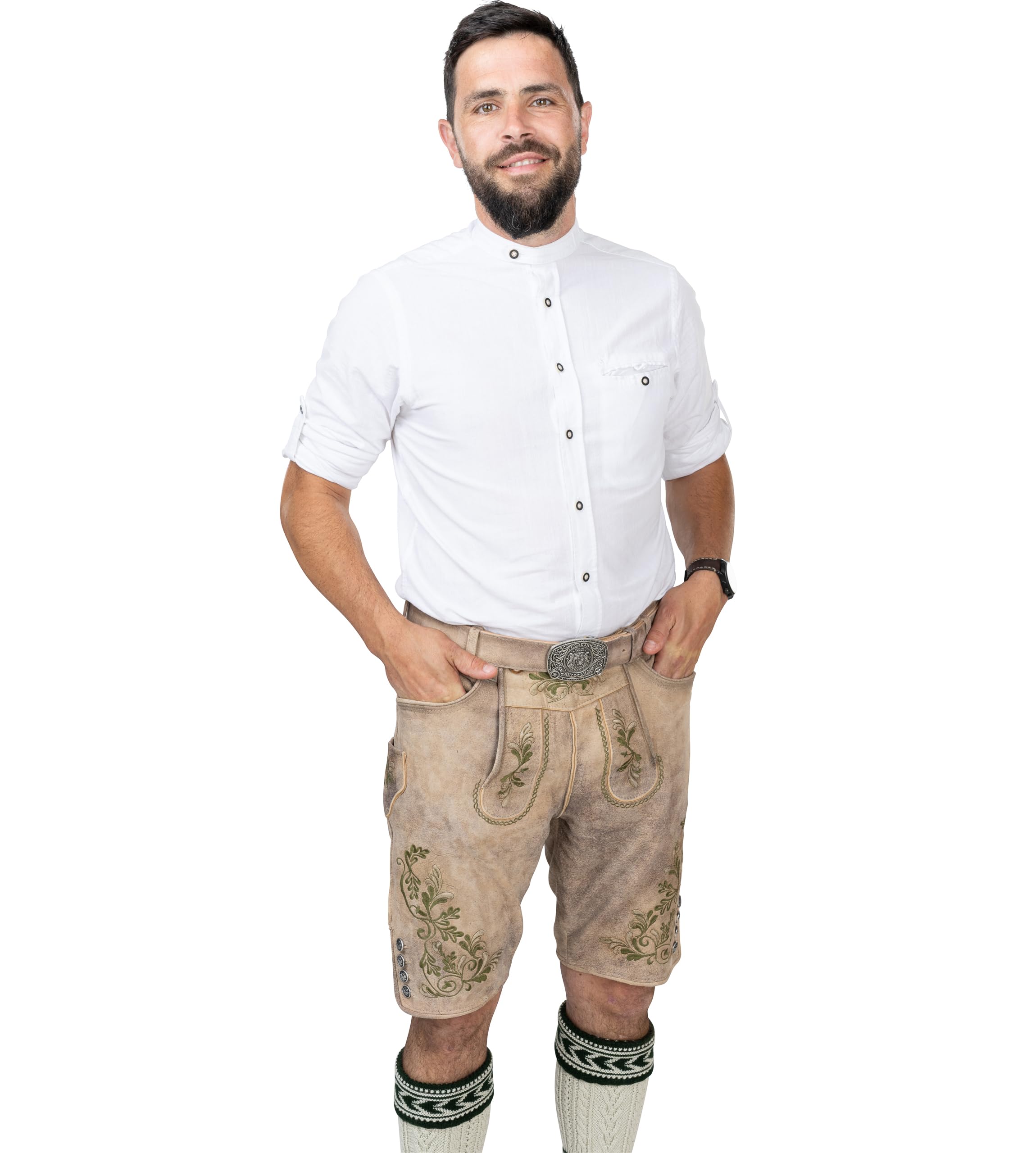 Schöneberger Trachten Couture Herren Lederhose kurz, Original Antik Wildbock Trachtenhose für Oktoberfest, grüne Stickereien, Franz