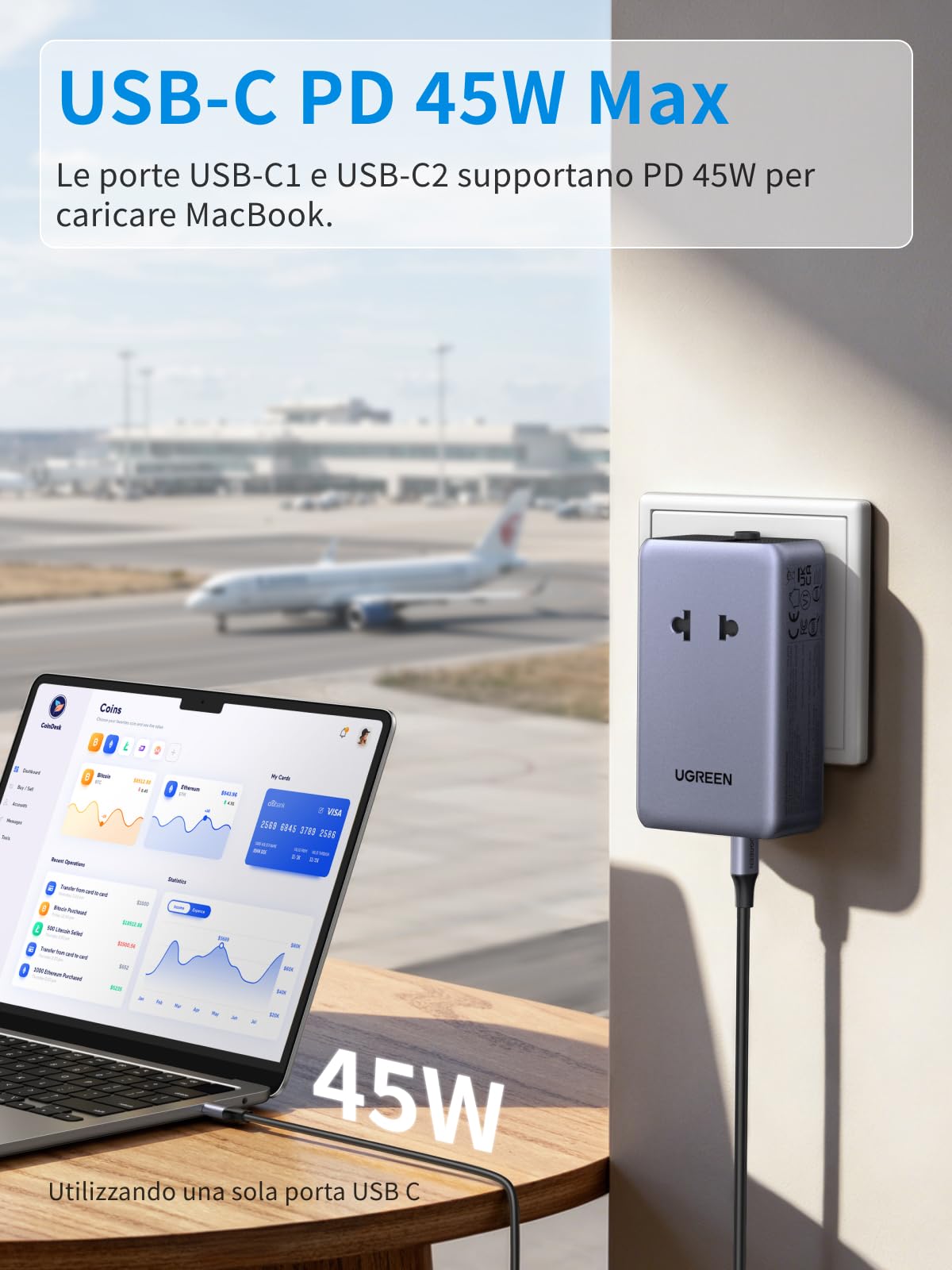 UGREEN 6 IN 1 Adattatore Universale da Viaggio PD 45W 2 Prese AC 4 USB | Tipo A I G C E K, 2 USB C 2 USB A, Presa Universale per Italia UK USA Germania Canada Australia Thailandia Giappone Cina