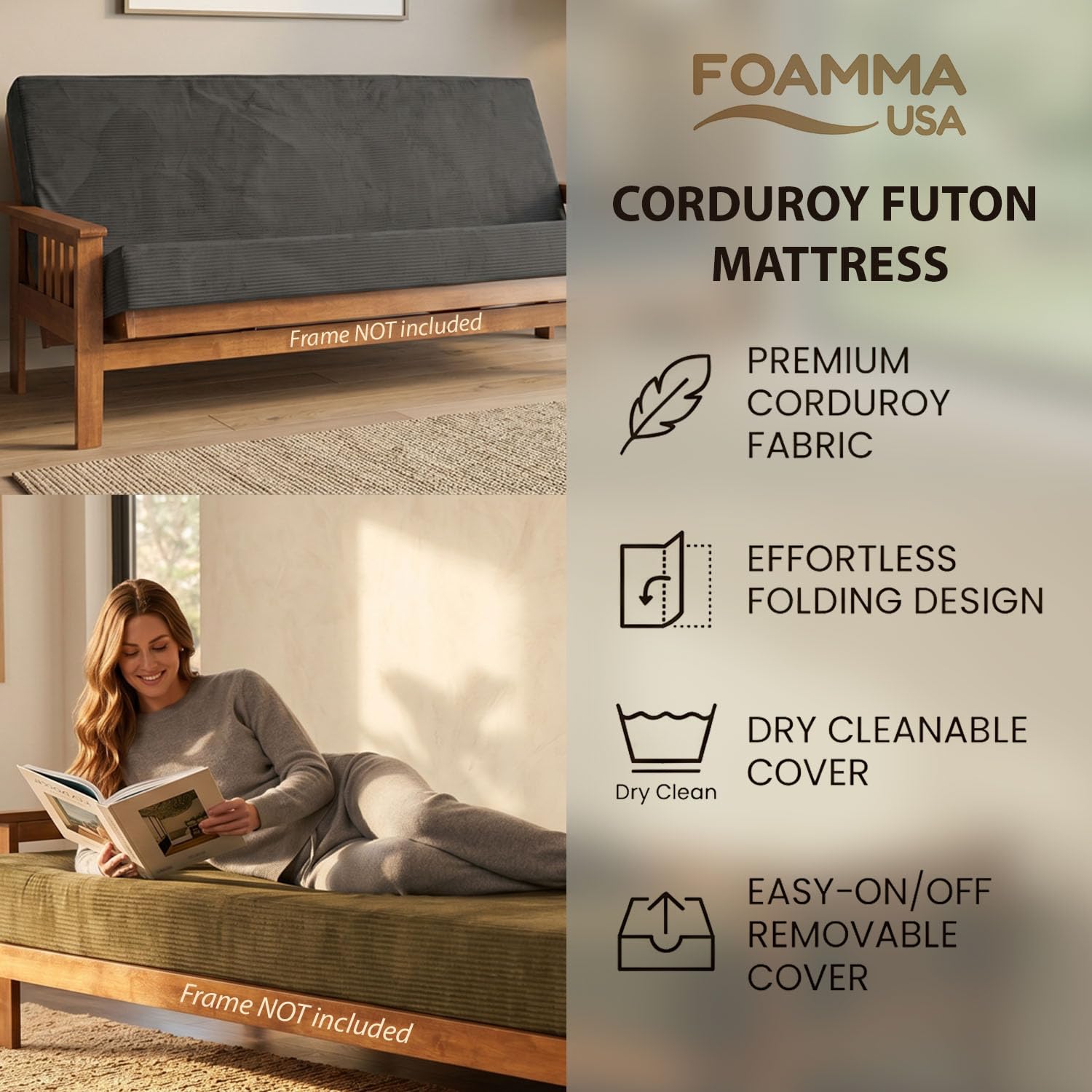 FoammaUSA Premium Corduroy Futon Couch Mattress – Made in USA 6-Inch Memory Foam Infused Easy fold Sofa Bed with Heavy-Duty Zipper & Removable Cover, CertiPUR-US Certified (Frame Not Included)