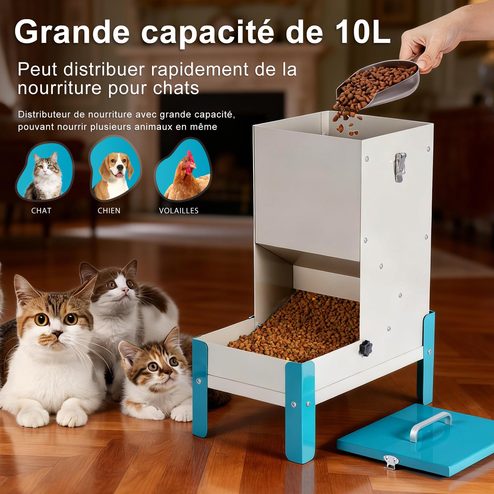 Distributeur Croquettes Chat Automatique 10L Gamelle Surélevée pour Chien, Mangeoire Secs en Métal Amovible pour Animaux de Compagnie, Solide e Simples à Nettoyer