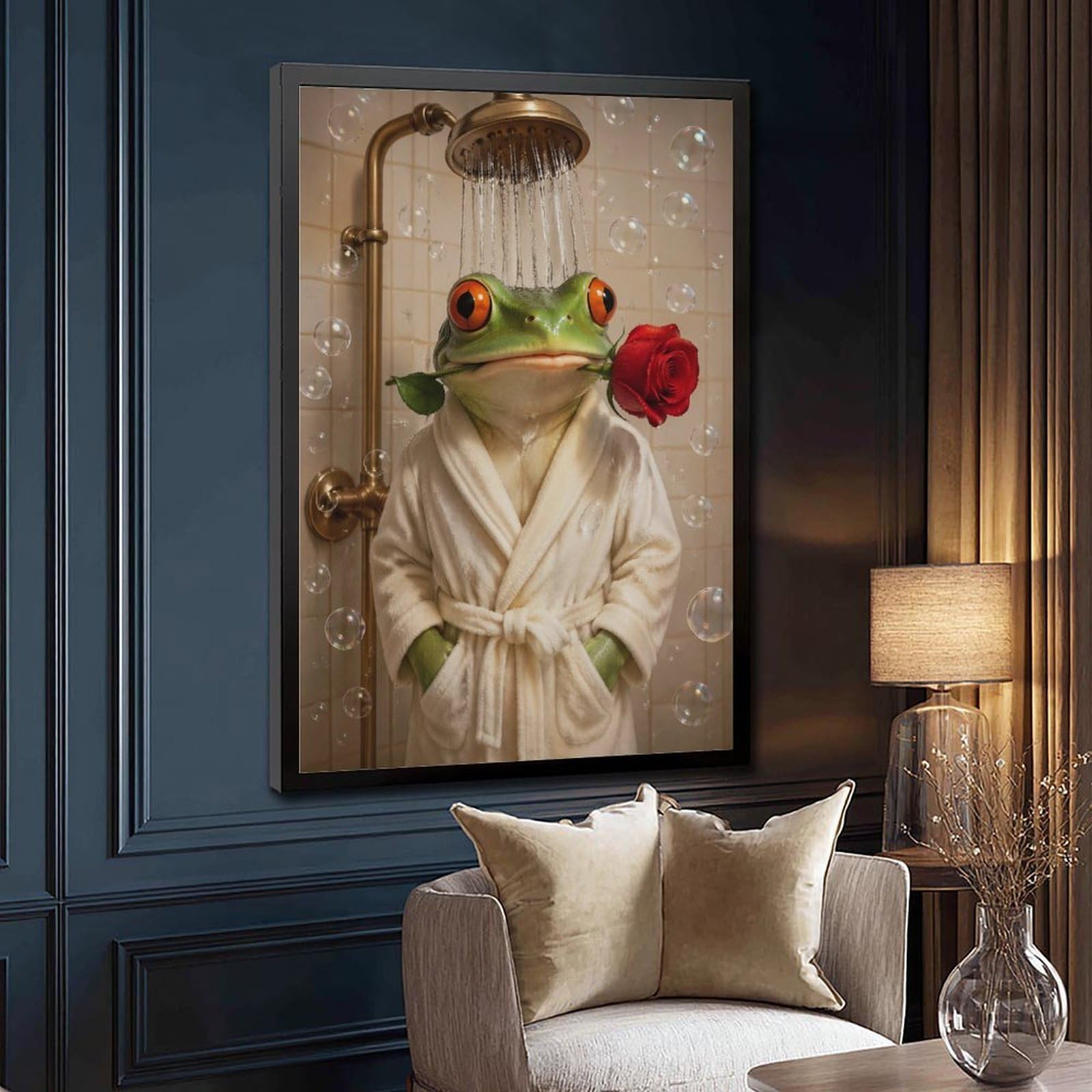 Lustiger grüner Frosch im Bademantel, Dusche mit roter Rose, Leinwand-Kunstposter, sprudelnd, skurriles Tierporträt, humorvolle Neuheit, Dekoration für Badezimmer, Toilette, Puderzimmer, schwarzer