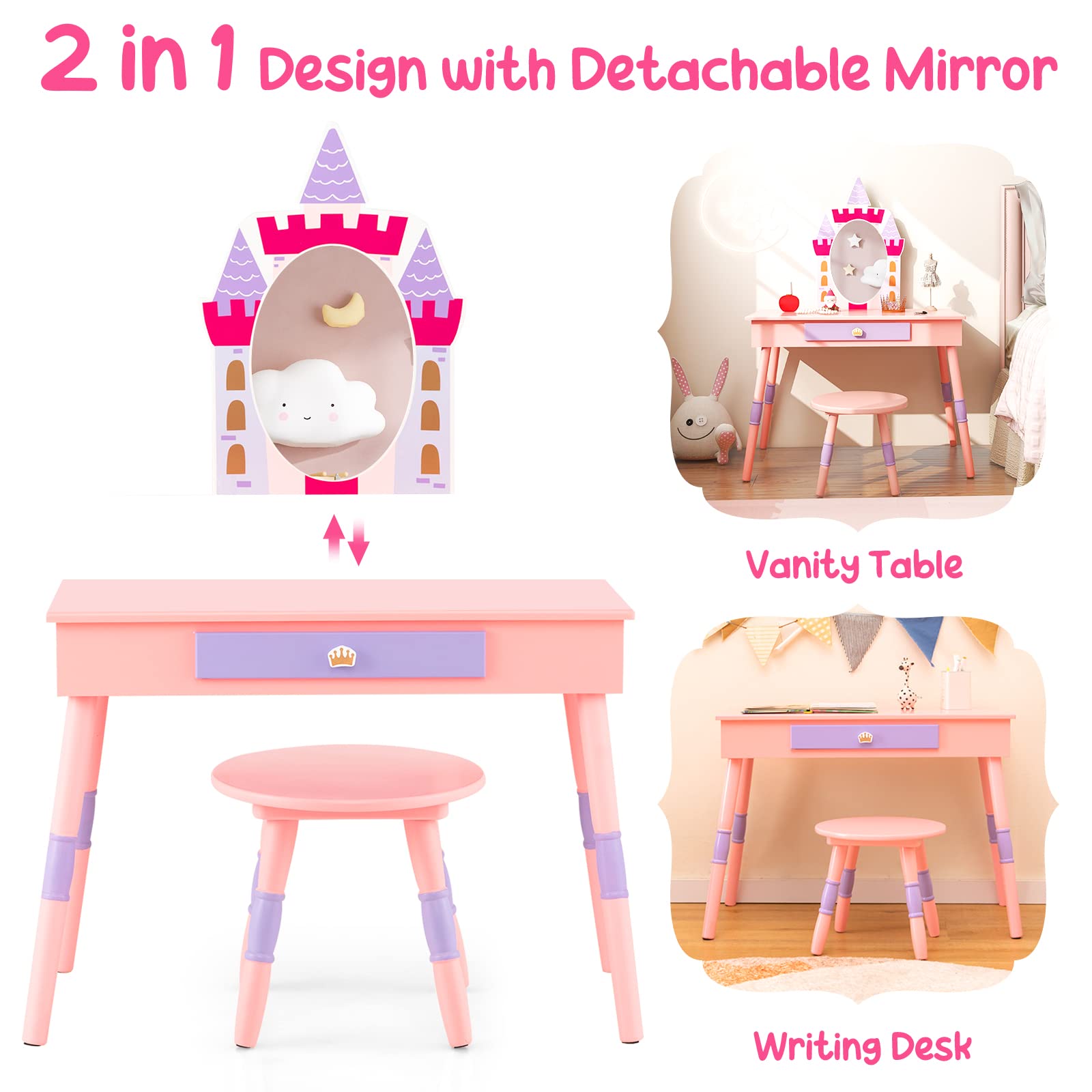 LIFEZEAL Tocador Infantil Castillo, Tocador Infantil con Espejo y Taburete 3+ Años, Tocador de Madera 74x39x101,5 CM, Capacidad de Carga 30/50 KG, Rosa