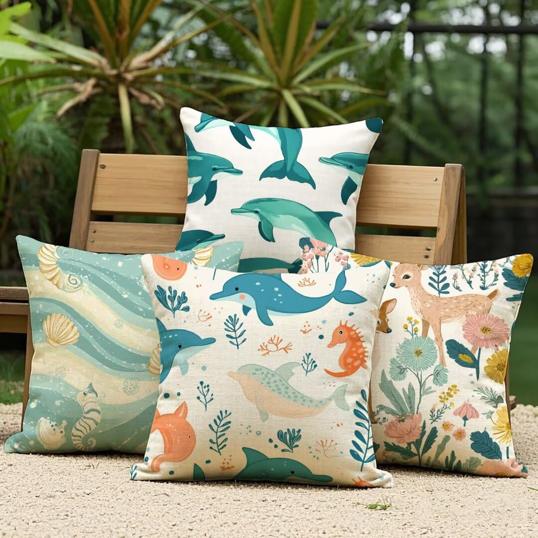 Housse de coussin extérieur imperméable en lin déperlant vert anti-tache pour banquette 4 pces