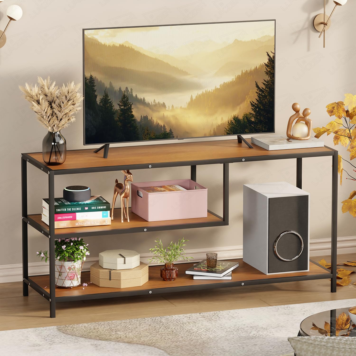 Lukzer Metal & Engineered Wood TV Unit Stand Ideal for TVs Up to 43 Inch | Open Shelves for WiFi Router, Set-Top Box, Speakers & Decor | Living Room Storage Rack Organizer | MST-007/Black + Oak Brown-picture-28