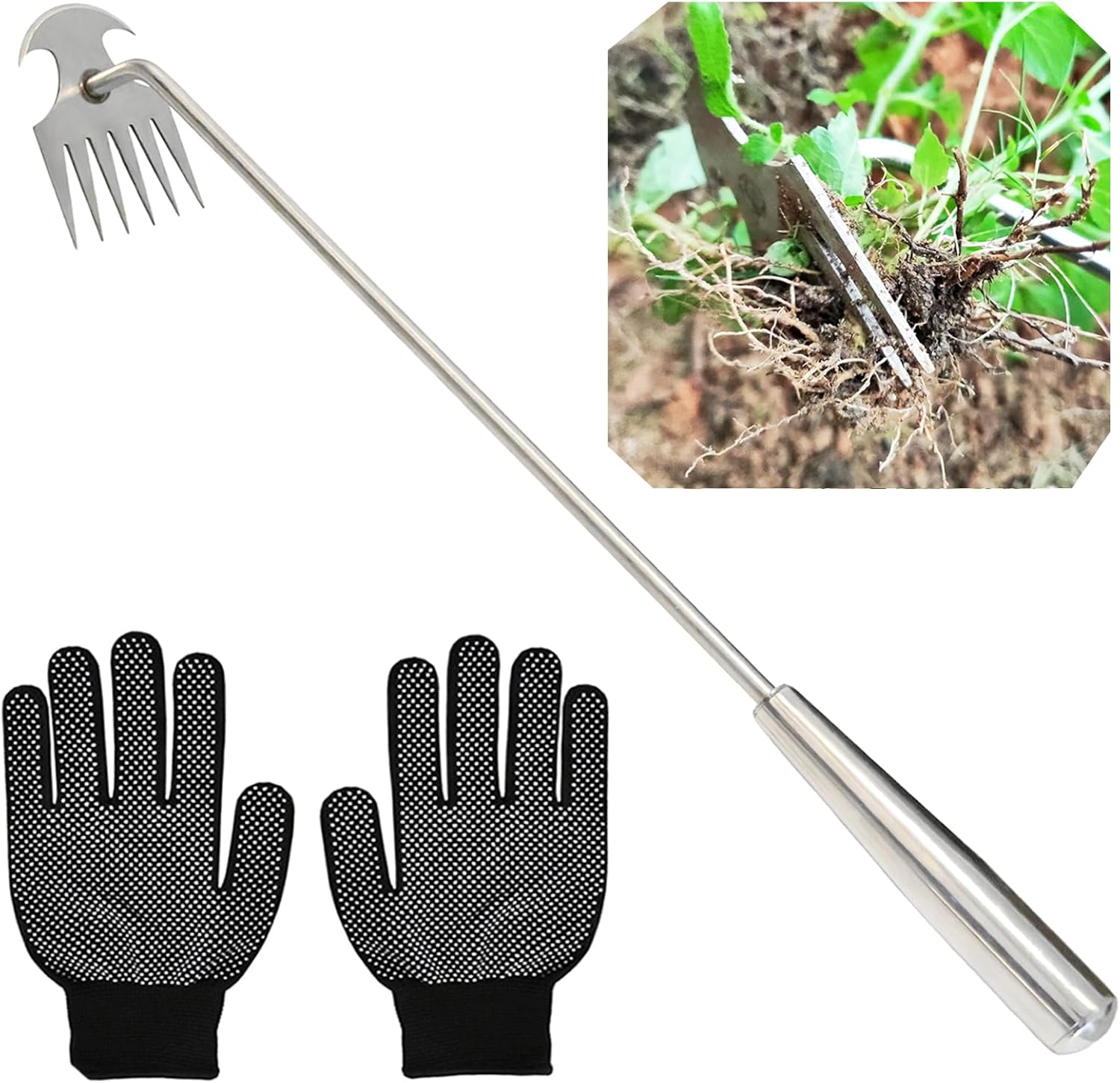 20 inch Garden Weeding Tool,Stainless Steel Weed Puller Tool for Gardening,Weeder Tool for Garden Farm,Hand Weed Pulling Tools,Garden Weeds Remover Tools for Weeding (6 Teeth)