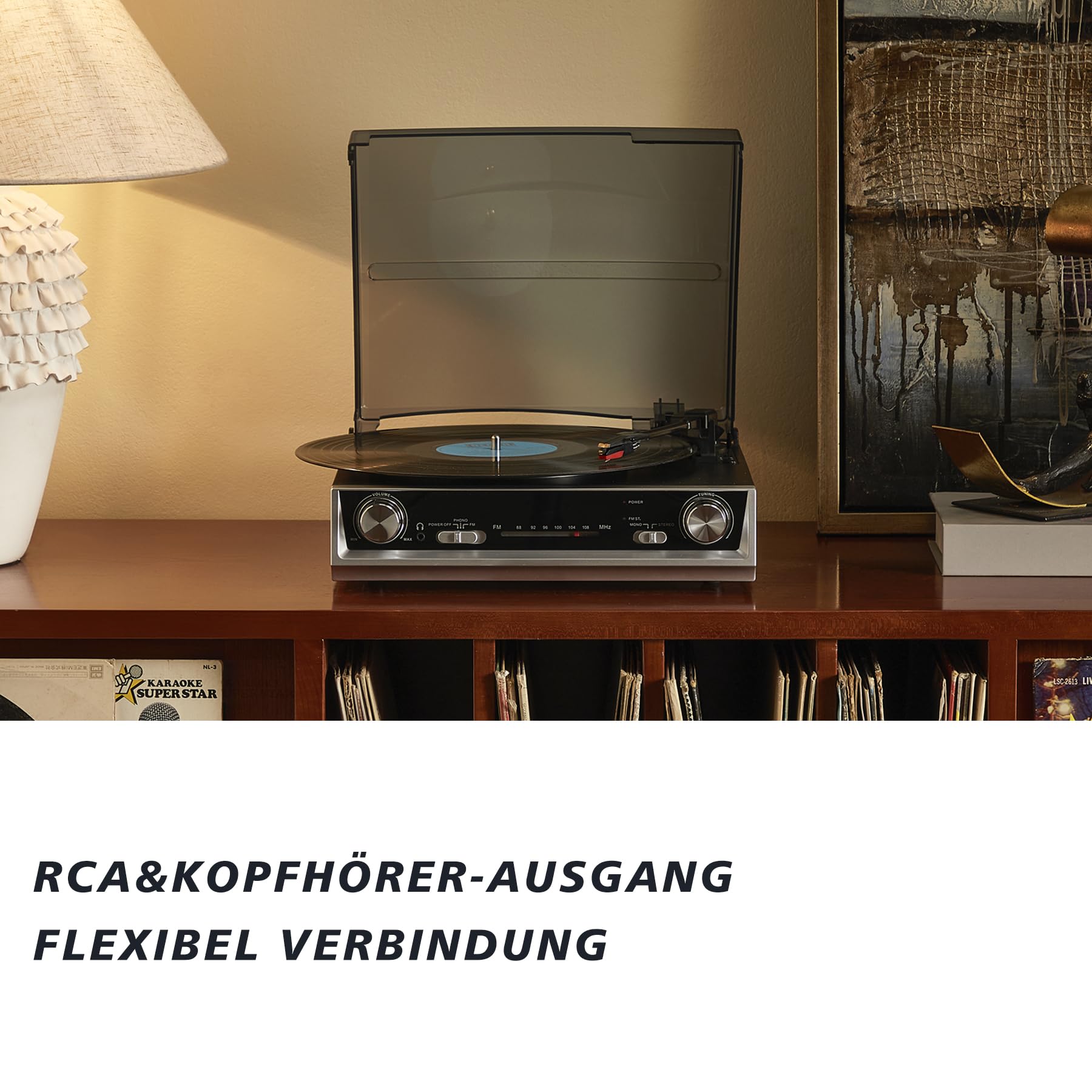 Vintage All-in-One Schallplattenspieler mit eingebauten Lautsprechern, 3-Geschwindigkeiten 33/45/78 U/min, FM-Radio, RCA & Kopfhörer-Ausgang, Schwarzes Holz — Kein Bluetooth