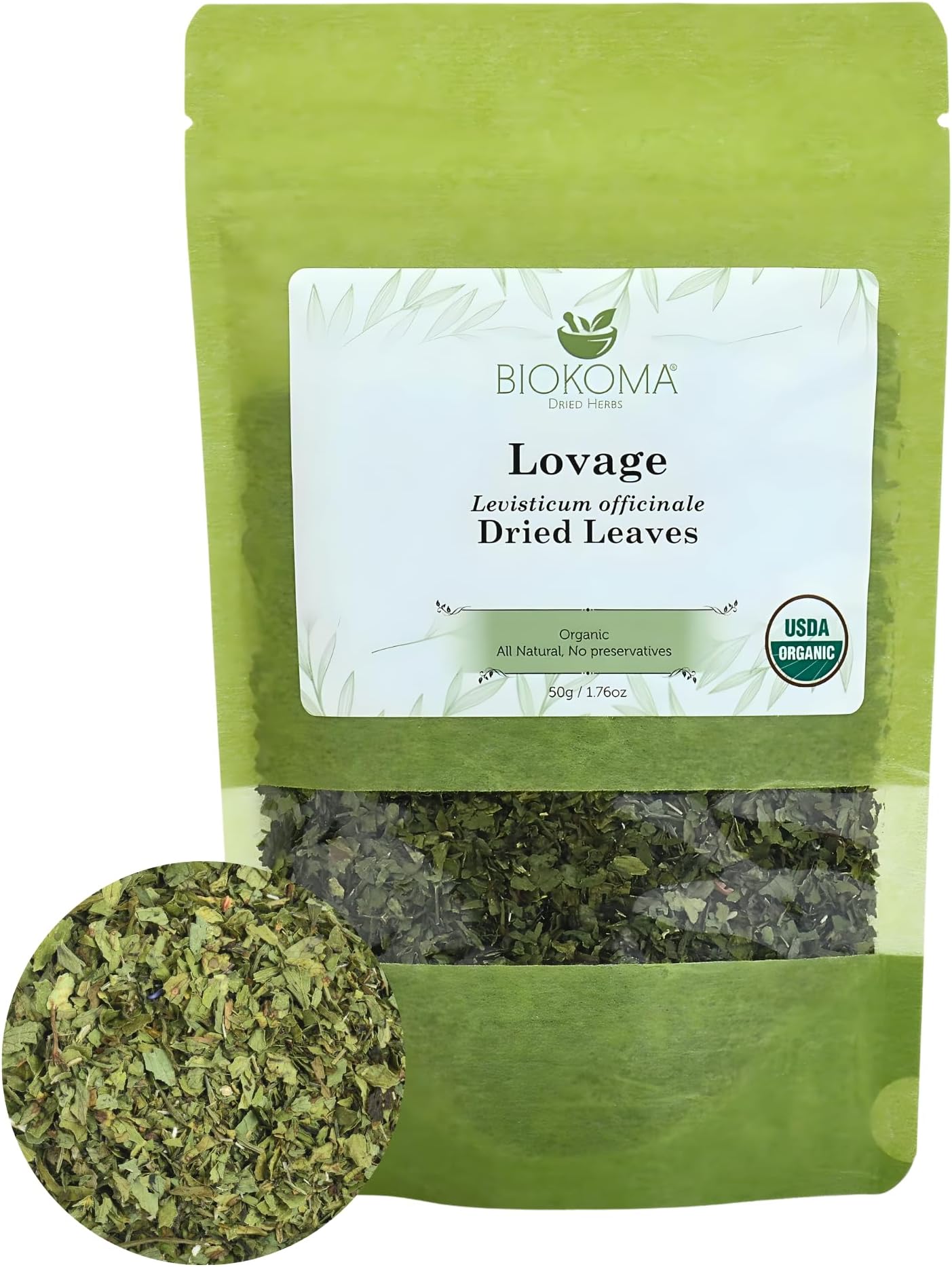 Biokoma Organic Lovage Dried Leaves 50g 1.76oz Pure Cut Herb Levisticum officinale USDA Organic Herbal Tea Digestion & Urinary Health Resealable Moisture Proof Pouch No Preservatives No GMO Kosher