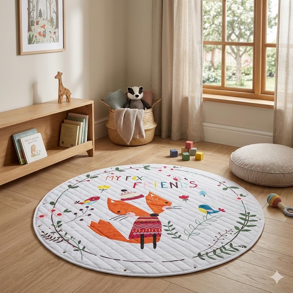 The Tickle Toe Quilted Reversible Cotton Playmat for Kids | Baby Crawl Mat & Activity Mat with Storage Bag | 58x58 Inch Fox Pattern, Multicolor | Soft & Comfortable for Babies