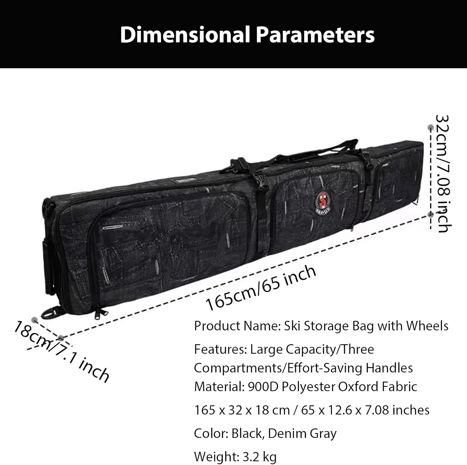 Snowboard Bag with Wheels, 900D Polyester Oxford Waterproof Rolling Ski Bag with Skis Strapes & Ample Storage Pockets for Air Travel, Fit Single Ski/2 Sets Skis