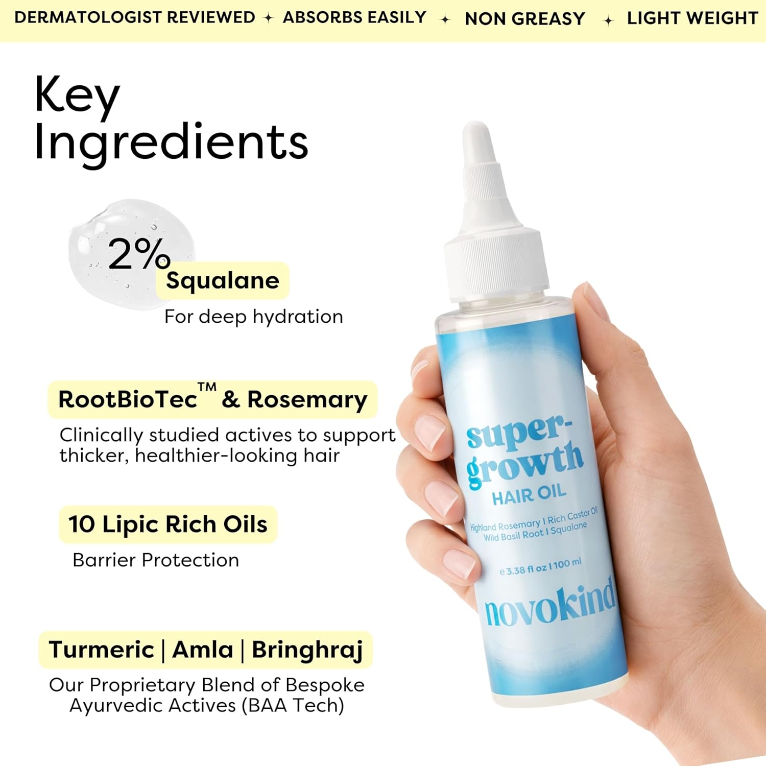 SuperGrowth Hair & Scalp Oil - Lightweight & Non-Greasy Rosemary Oil for Hair Growth, Thinning Hair & Density Support Blended with Castor Oil, Squalane & Turmeric for Men & Women 3.38 fl oz - Image 4