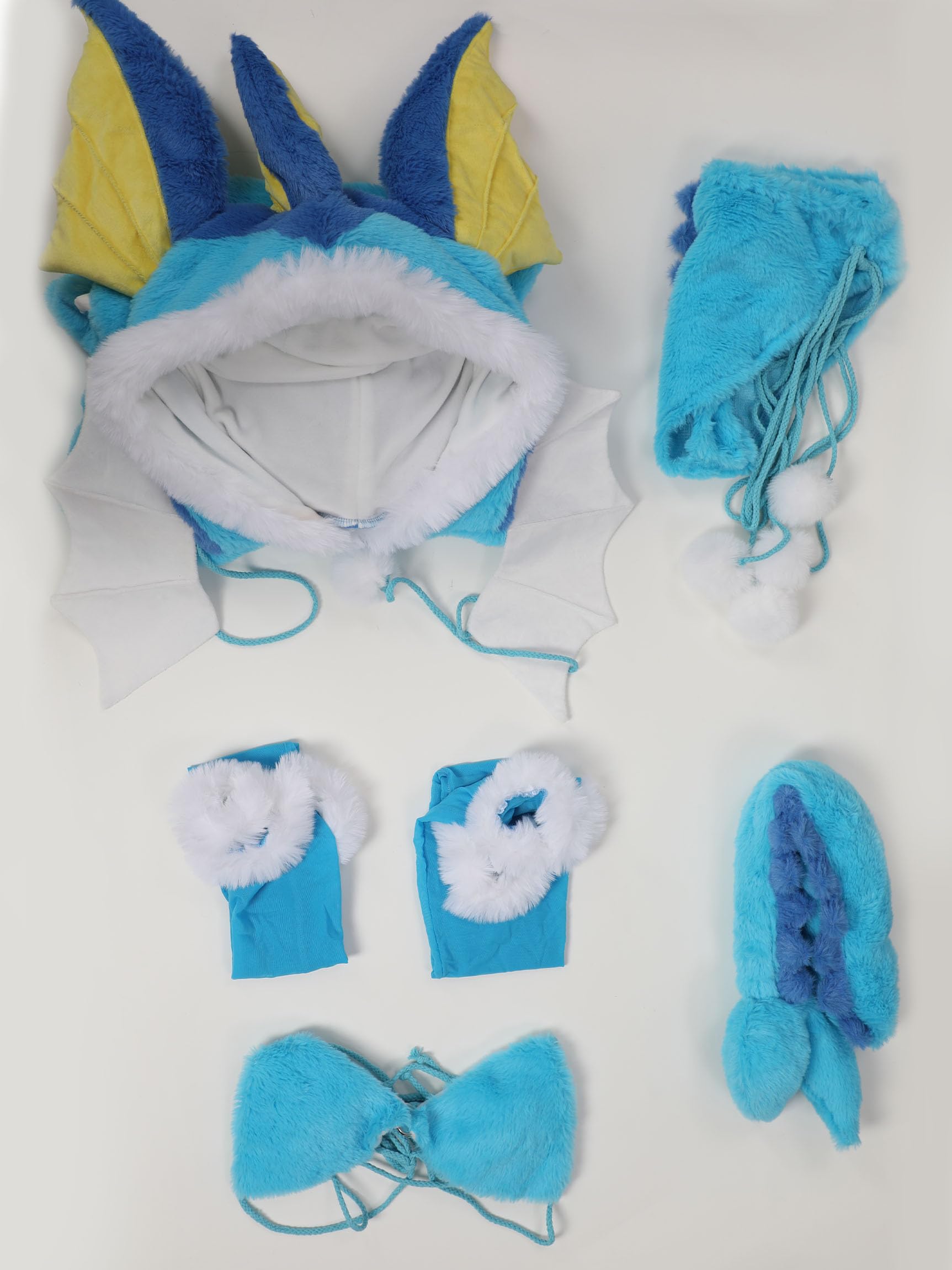 Mobbunny Women's Anime Cosplay Lingerie Set Blue Furry Paw Homewear Plush Paw Gloves Hoodie and Bra Panty with Stockings: Medium Blue