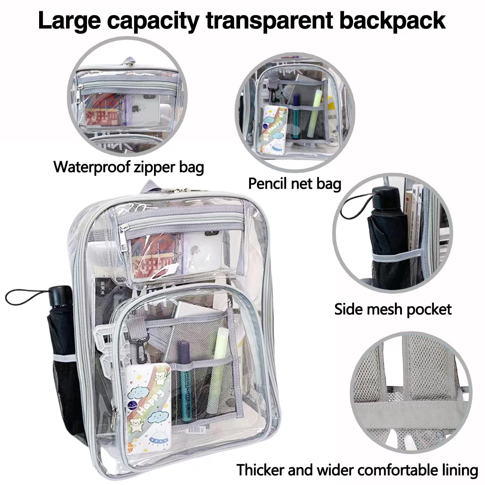 Birity Zaino trasparente pesante,Grande PVC vedere attraverso la borsa del libro,Zaino trasparente per adolescenti e adulti