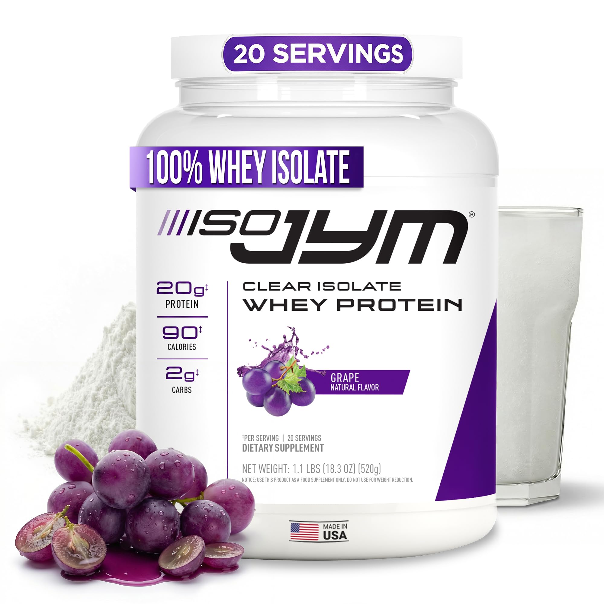 JYM Supplement Science Iso JYM Grape, 90 Calories, 100% Whey Protein Isolate, Zero Fat, Zero Sugars, Mixes Clear, for Women & Men, 20 Servings