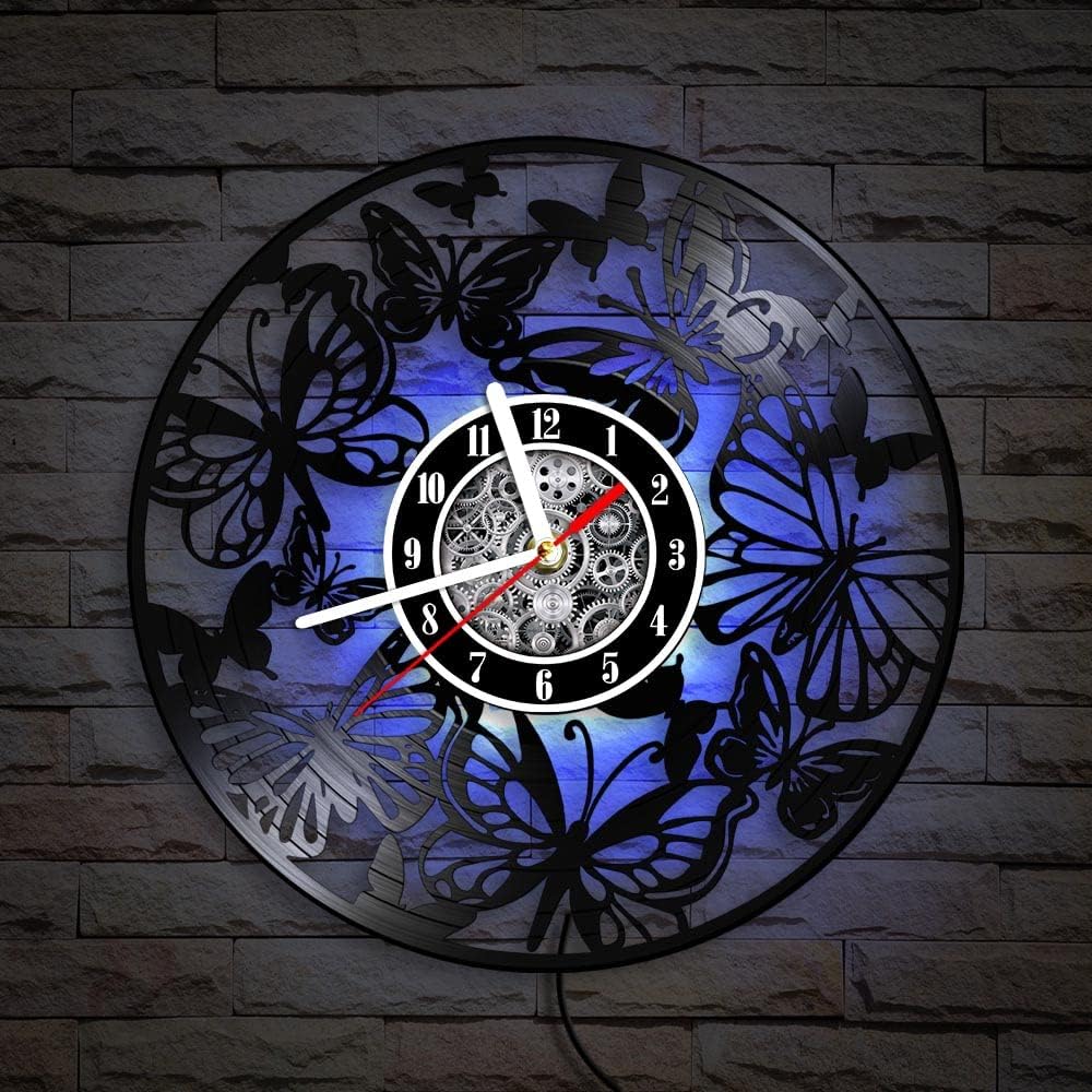 The Geeky Days Butterflies Artwork LED Vinyl Record Wall Clock 7 Color Light, 12inch Silent Quartz 3D Butterfly Carved LP Record Watch Handmade Animal Housewarming Gift Nursery Decor