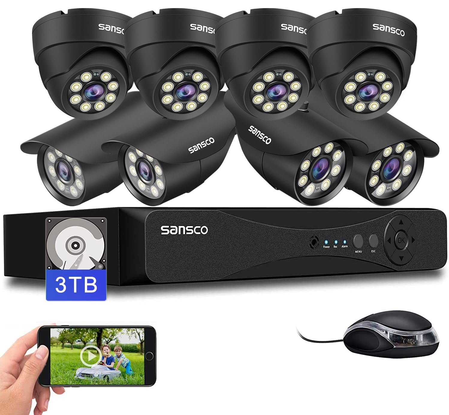 SANSCO 8 Channel 5MP CCTV DVR Camera System + 3TB Hard Drive,(8) 3K Bullet Dome Cameras (Wall/Ceiling Mounted IP66 Vandalproof, Mobile Viewing with Motion Activated Push Alert/Email, 24/7 Recording)