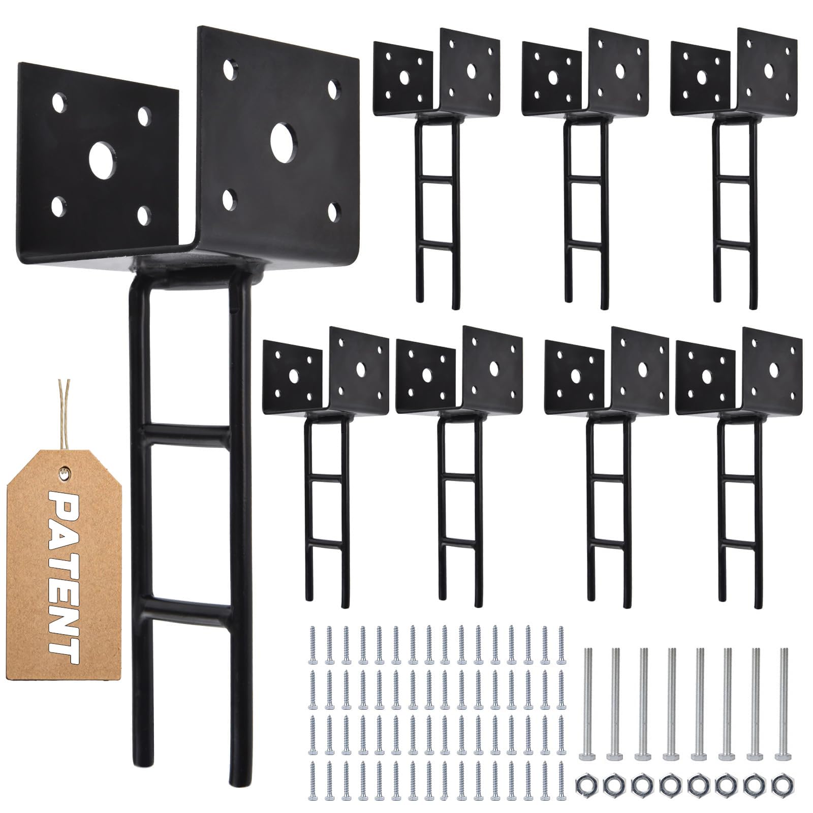 Paquete de 8 anclajes de poste en forma de U, base de poste de 4 x 4 pulgadas para hormigón, soporte de poste de pérgola negro galvanizado con tornillos (diámetro interior 3.6 x 3.6)