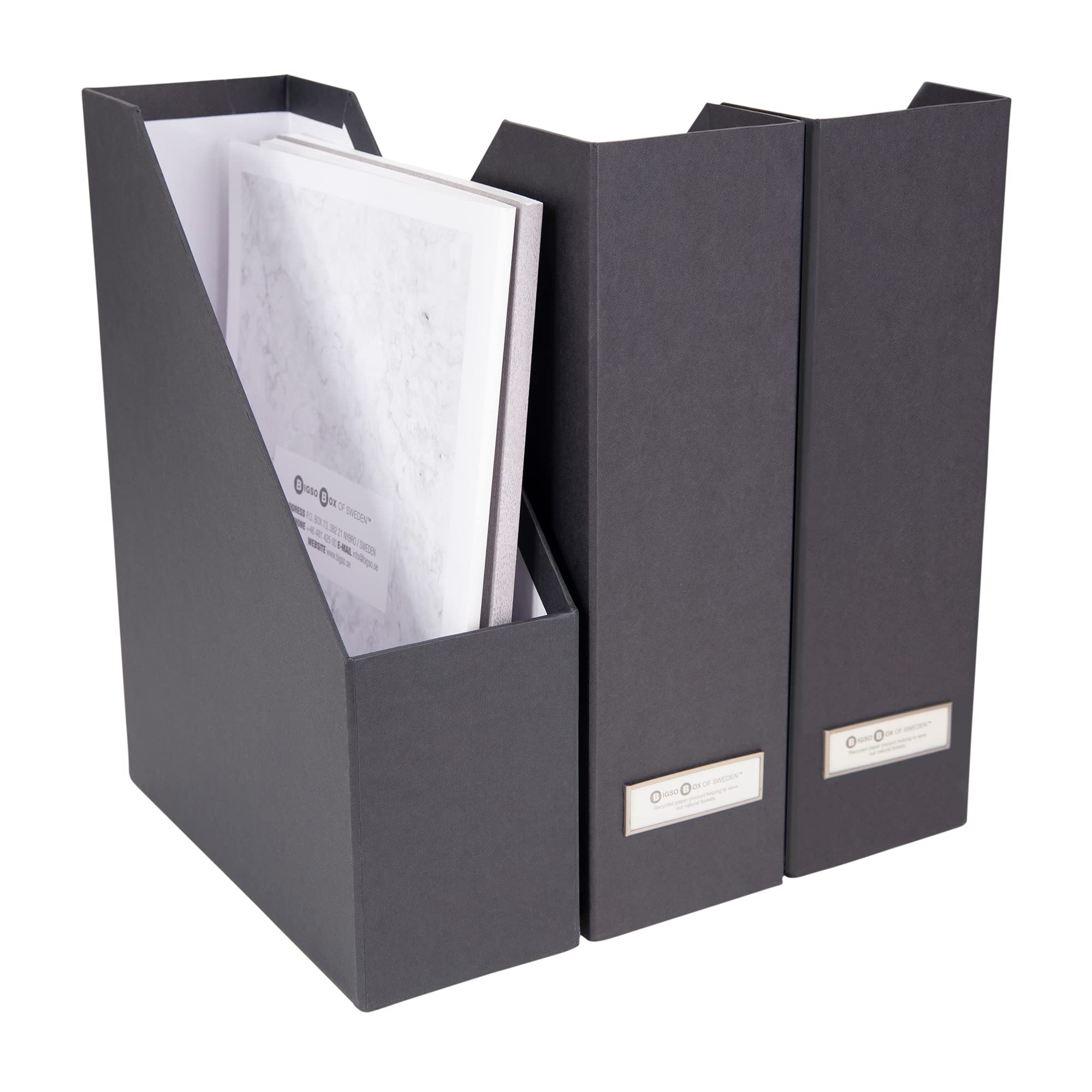 Bigso Viktoria – Lot de 3 organiseurs de magazines durables pour papiers, manuels et plus encore avec porte-étiquettes en métal – Porte-revues pour bureaux – 10,2 x 24,9 x 32,7 cm – Gris foncé
