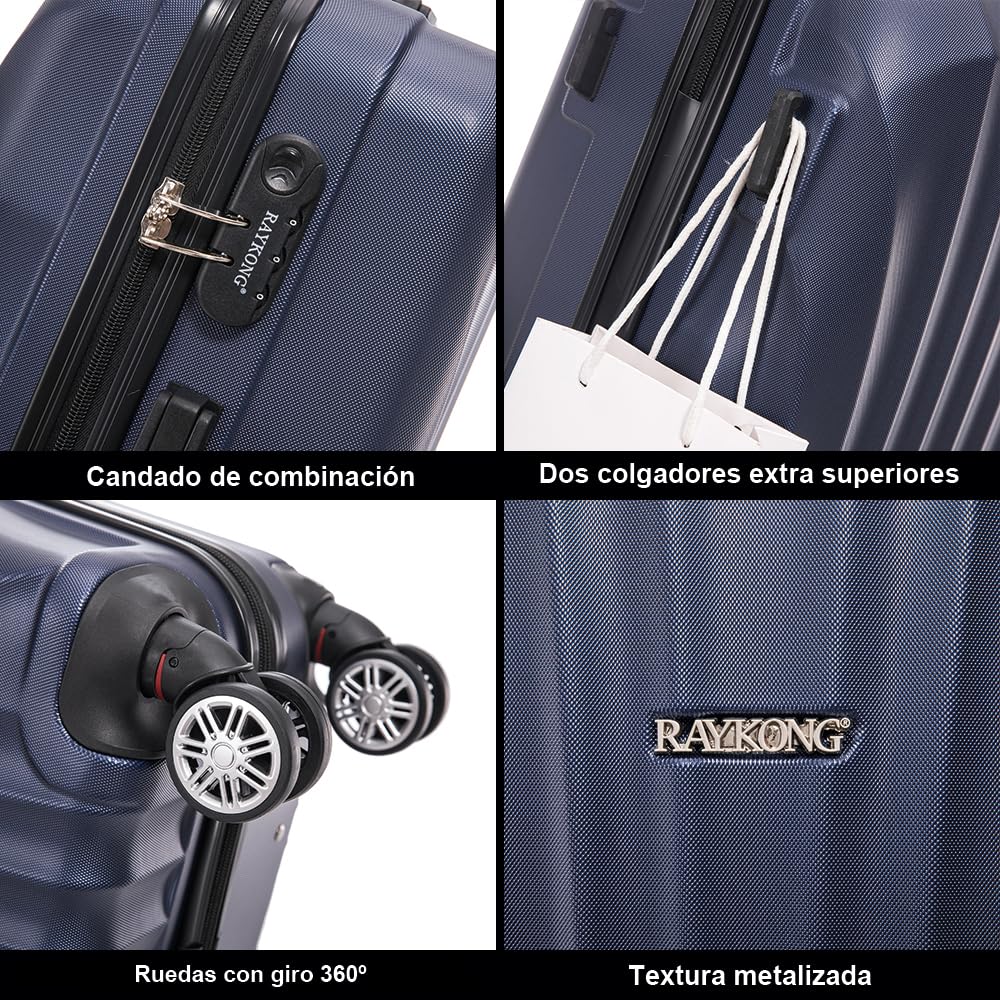 RAYKONG Juego de Maletas ABS Rígida 3 Piezas|Maleta Cabina 55cm|Maleta Mediana 68cm|Maleta Grande 78cm|Neceser 29cm|AzulMarino