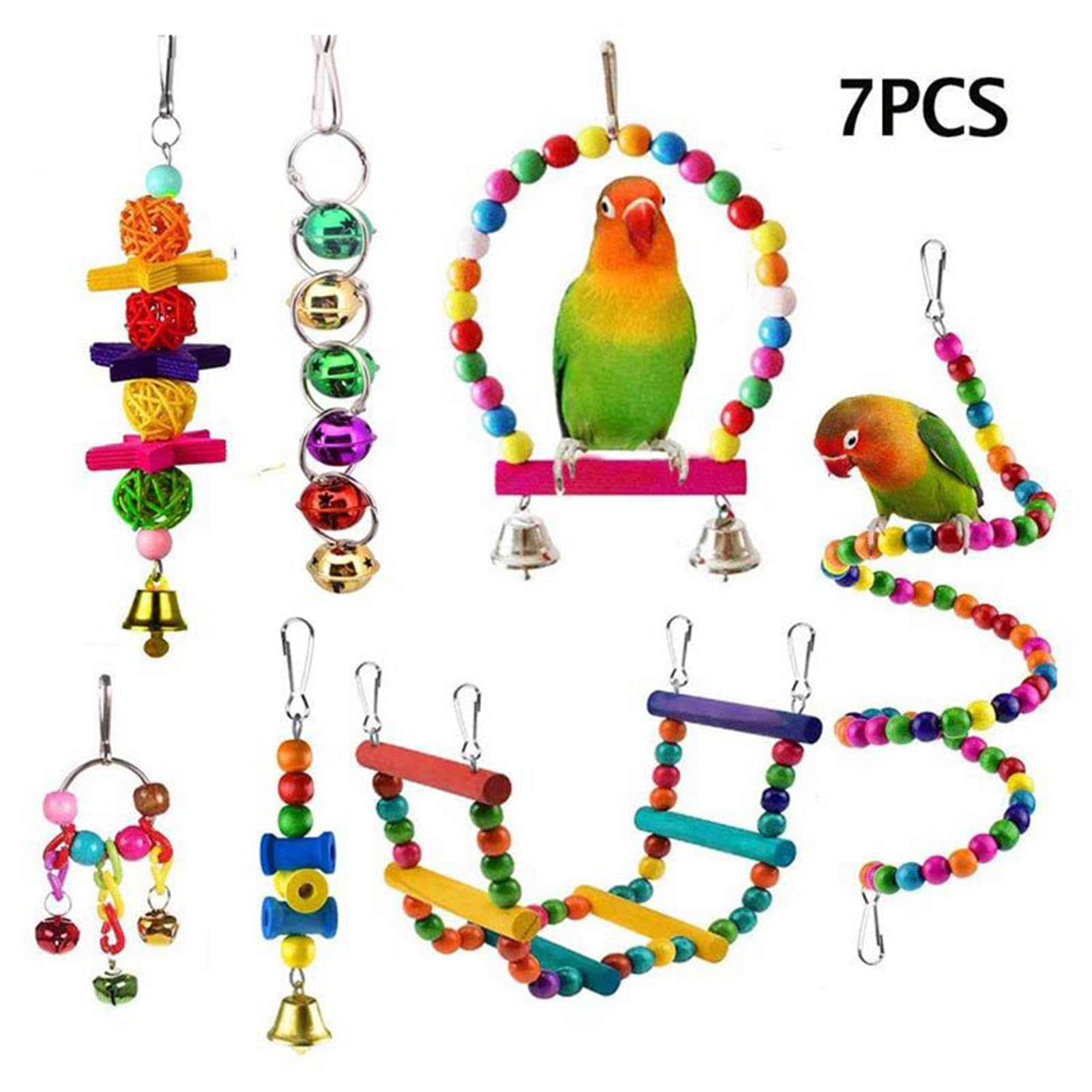 Giocattoli Assortiti per Pappagalli, Set da 7 Pezzi con Giocattoli in Legno Colorati Che Attirano L'attenzione degli Uccelli (7)