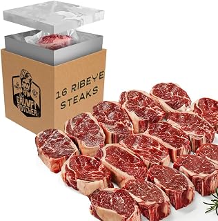 Grumpy Butcher Prime Angus Ribeye Steaks 16-Pack (12oz Each) - Steakhouse Quality Bulk Beef Delivery