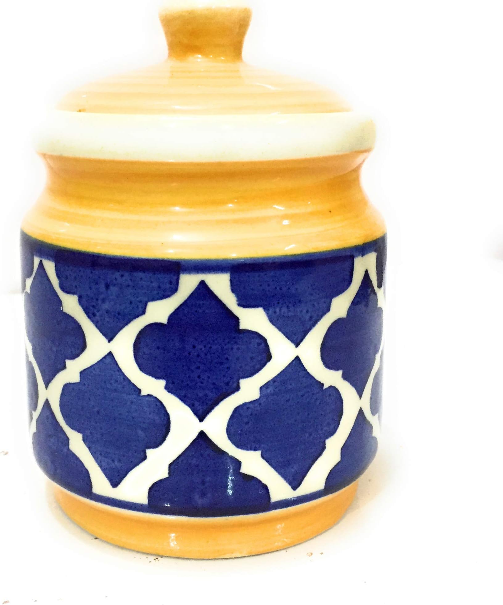 swadeshi enterprises Ceramic Table Pickle Jar Containers for Storage, Yellow and Blue, 500 ml