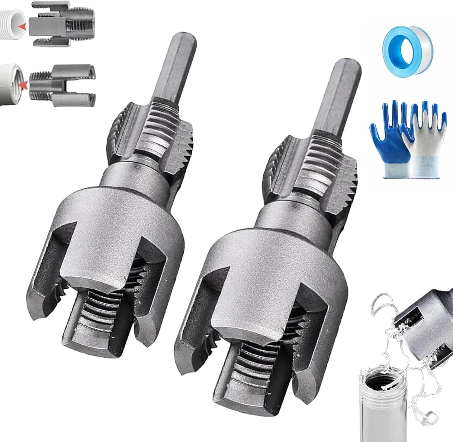 4 in 1 Water Pipe Wrench, 4 in 1 Pipe Threader,Integrated Internal & External Pipe Threading Tool,Electric Drill Compatible PVC Pipe 1/2" 3/4" (3/4"x2)
