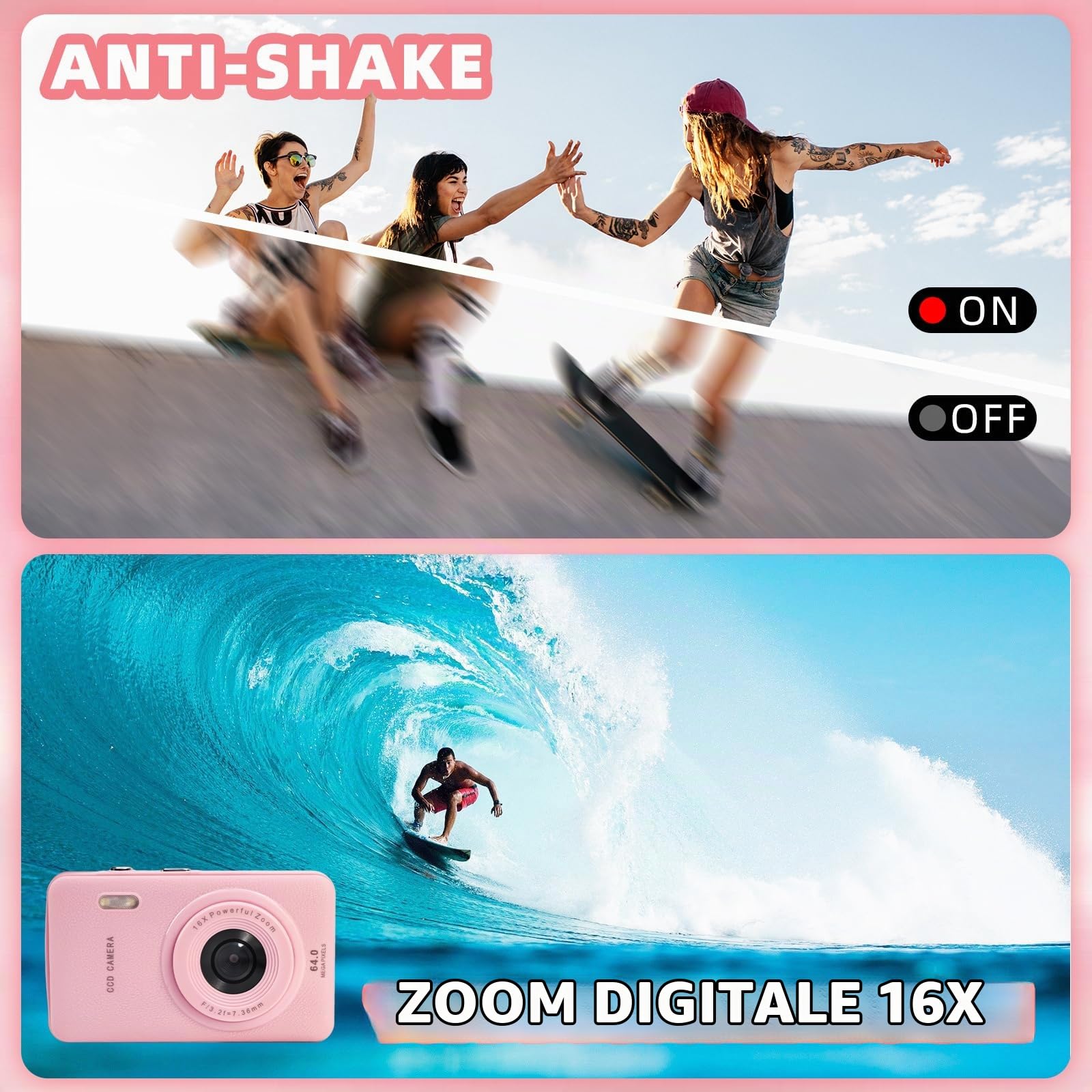 Fotocamera digitale, 16MP 1080P FHD con display da 2,4 pollici, zoom 16x, autofocus, anti-shake, fotocamera compatta e portatile entry-level per foto e video, Rosa