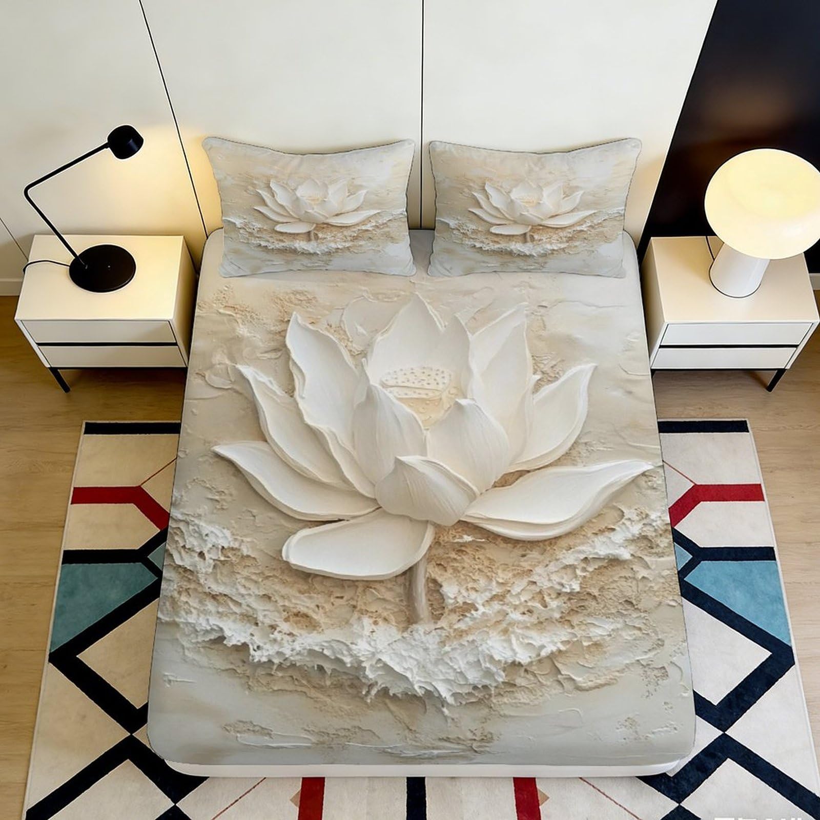 Uxinyoume Style-9 3D Printed White Lotus Blossom Fitted Sheet Microfiber Soft Non-Slip Floral Mattress Cover Bedroom Decor 90X200x25cm