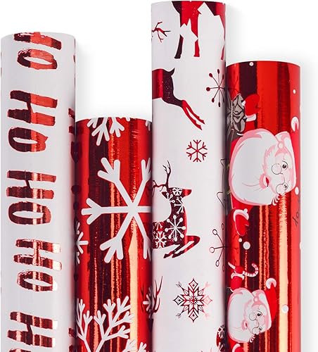 RUSPEPA - Papel para envolver regalos de Navidad, papel rojo y blanco con hoja metálica brillante, colección de elementos navideños, 4 rollos de 30